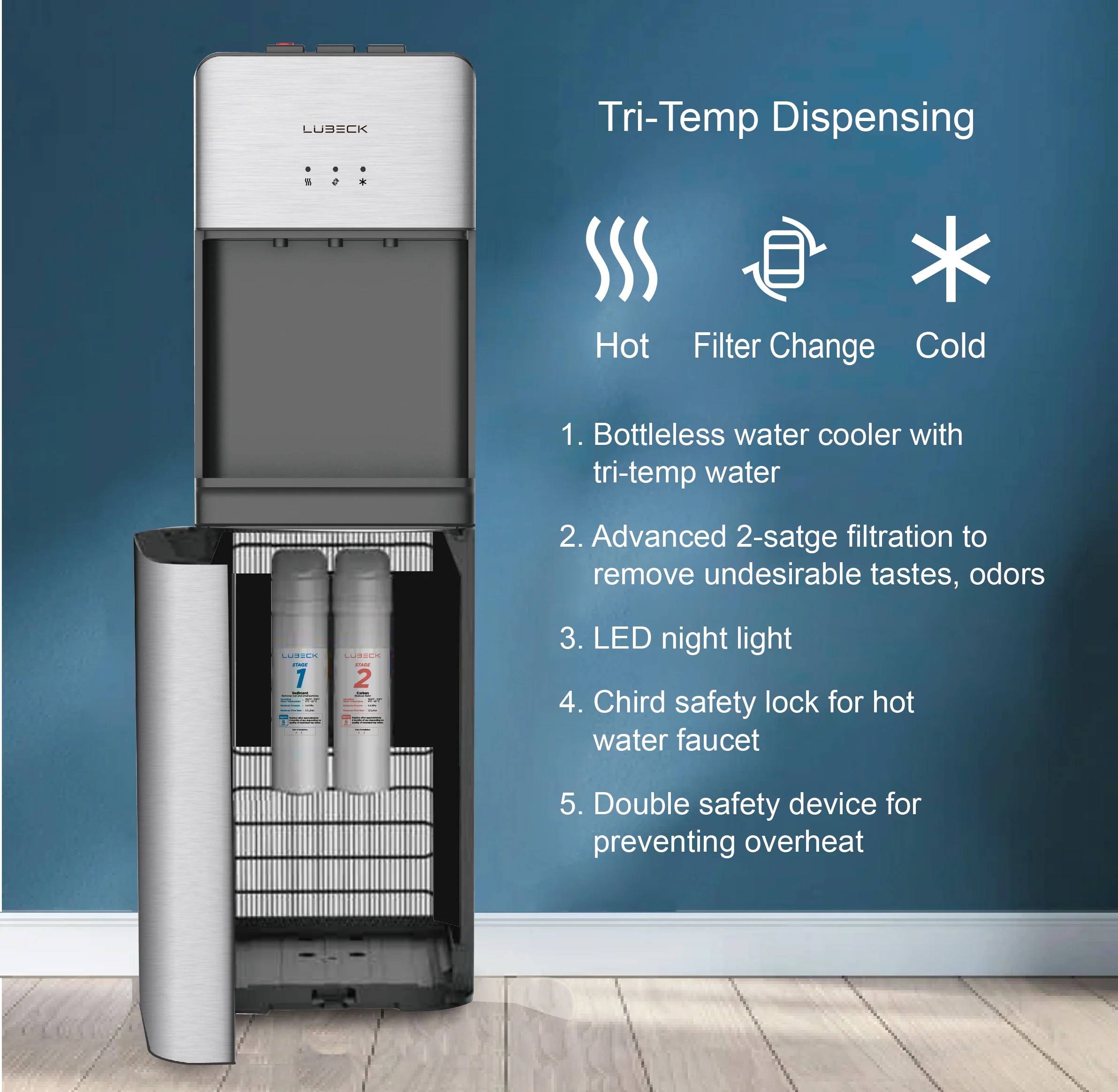 Lubeck Bottleless Water-Cooler Dispenser - With 2 Water filter - Image 4