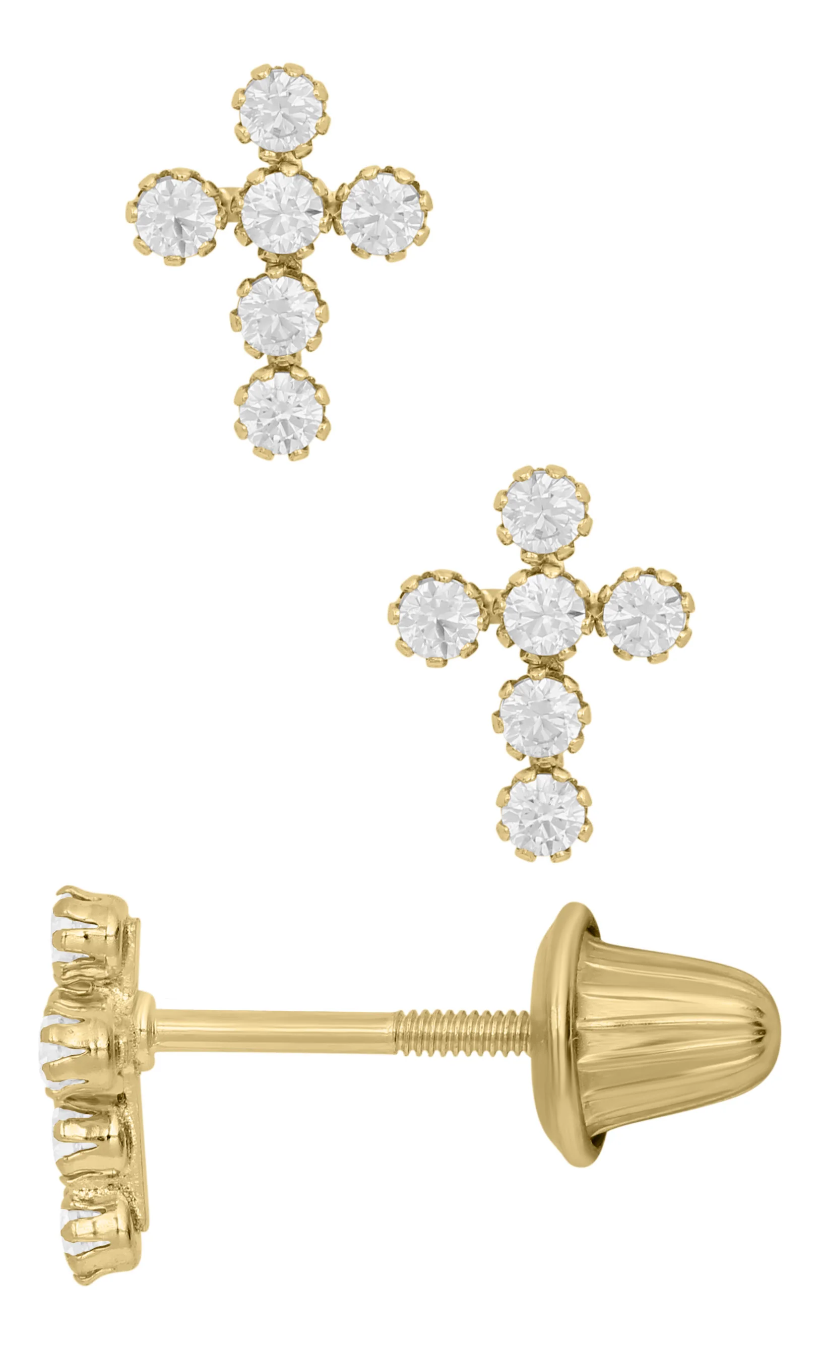 14K Gold Cubic Zirconia Cross Earrings with Threaded Post - Image 3