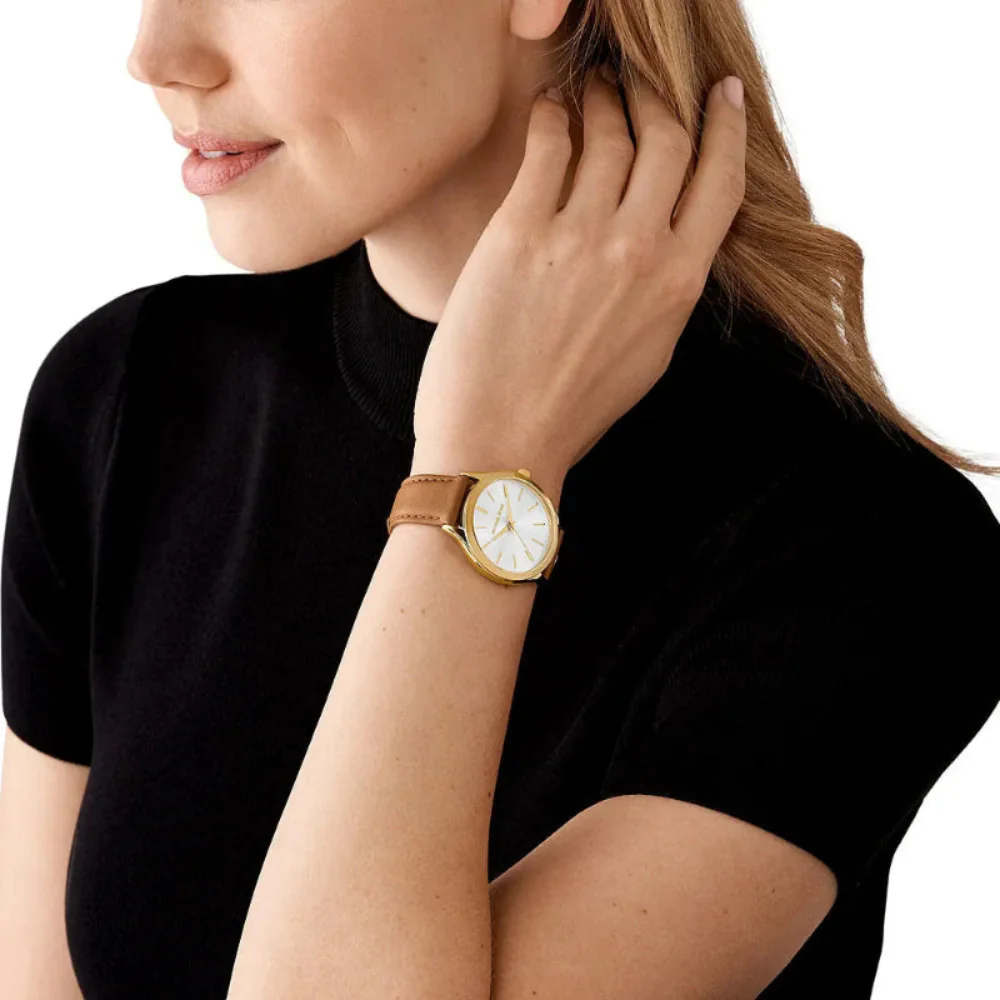 Michael Kors Slim Runway Women's 38mm Brown Strap Watch - White Dial - Image 4