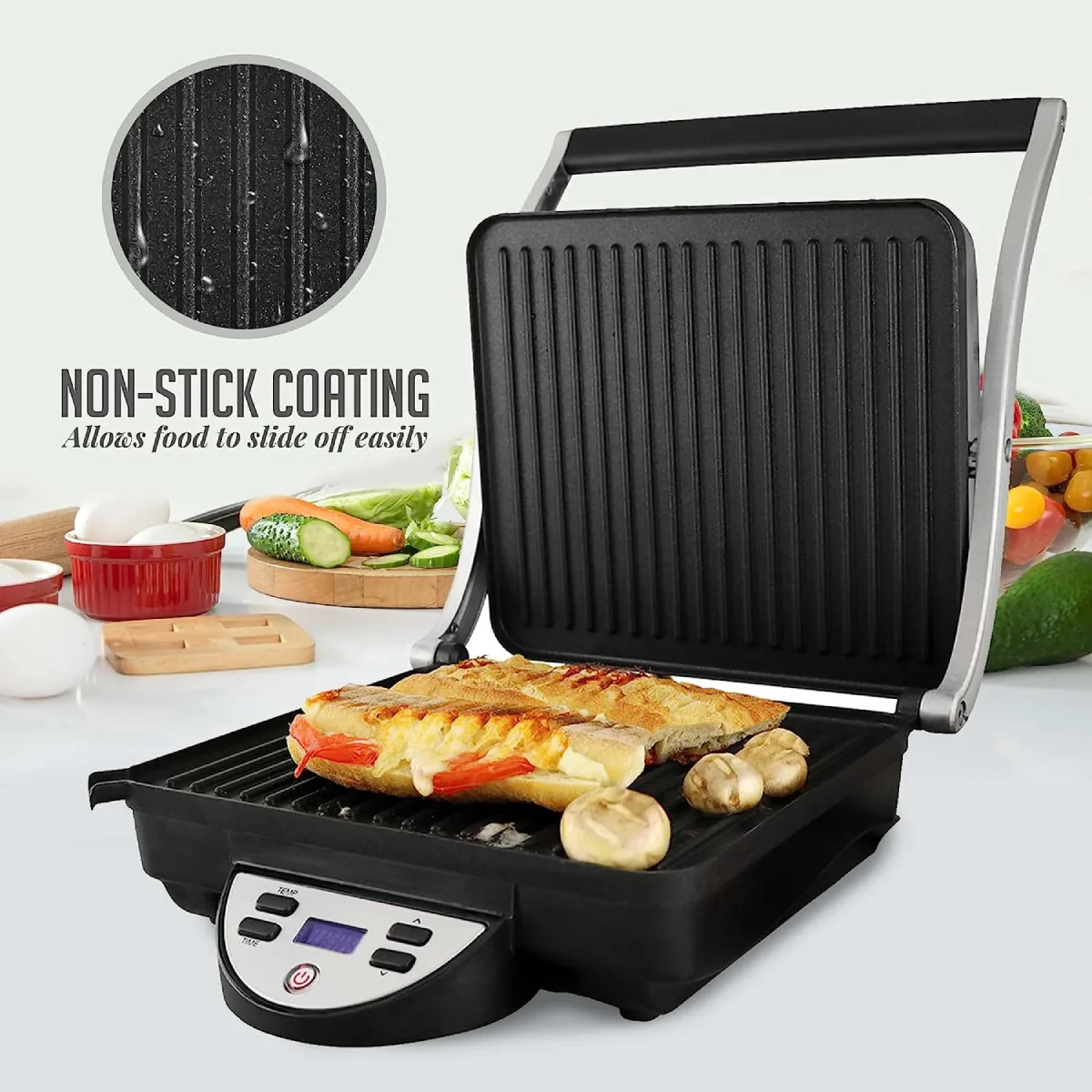 Ovente GP1000BR Panini Press Grill Sandwich Maker - Silver/Black - Image 3