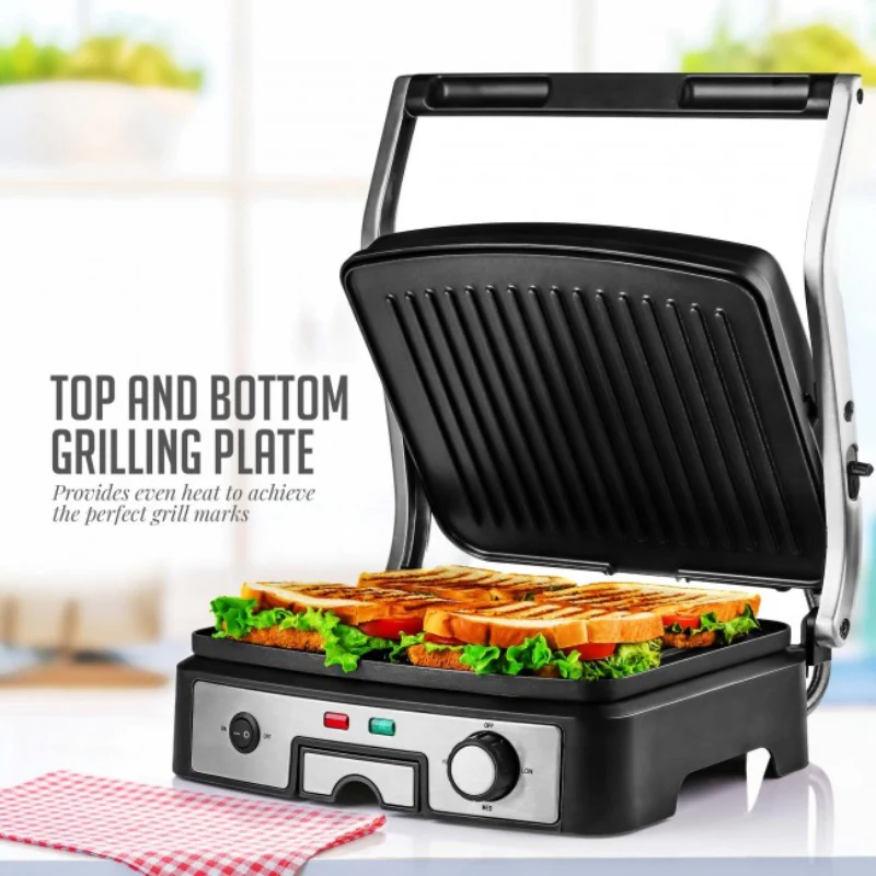 Ovente GP1861BR 4-Slice Electric Panini Grill with Double-Sided Non-Stick Plates - Silver - Image 5