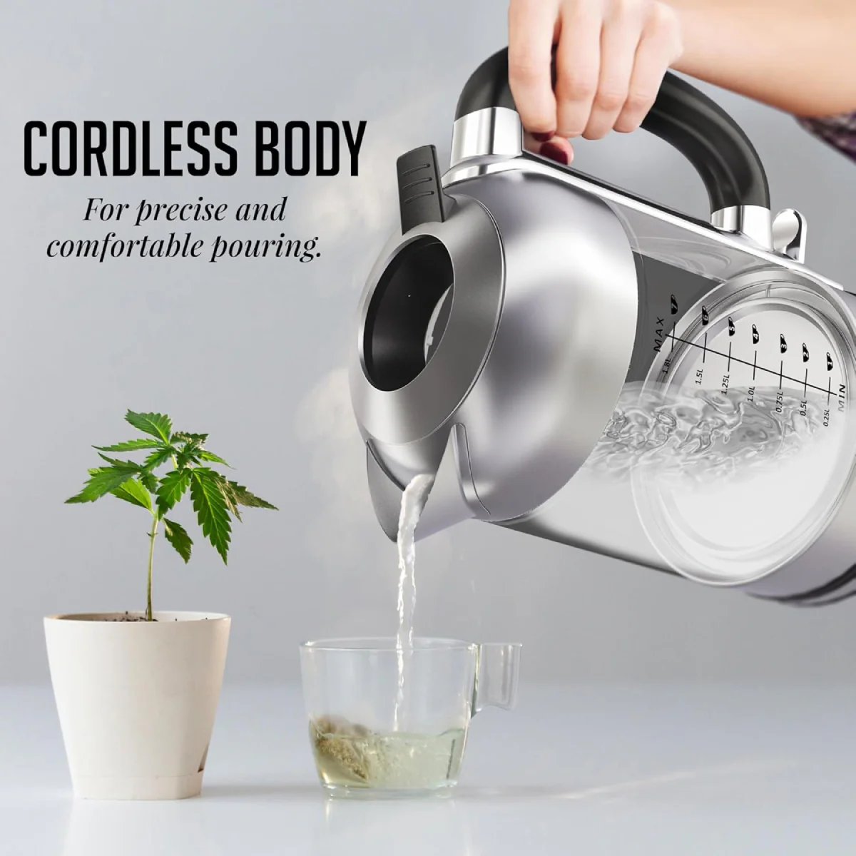 Ovente KG71S 1500W Electric Kettle with Boil Dry Protection - Silver - Image 6