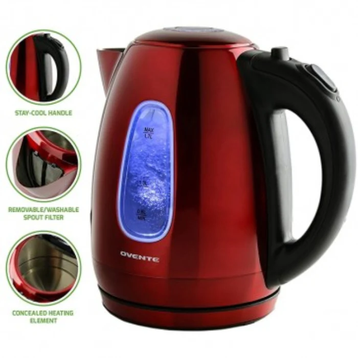 Ovente KS96R 1.7L Stainless Steel Cordless Electric Kettle - Red - Image 5