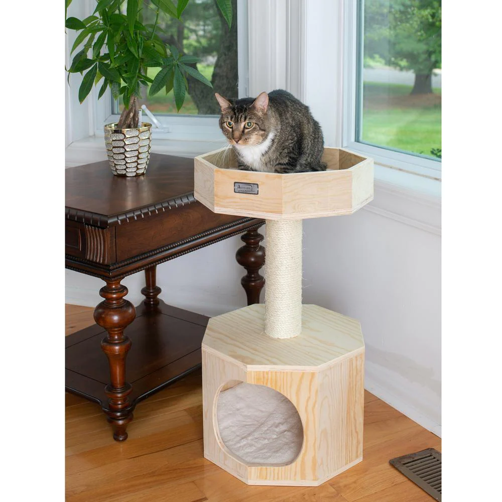 Premium Scots Pine 29-Inch Real Wood Cat Tree With Perch And Condo - Image 3