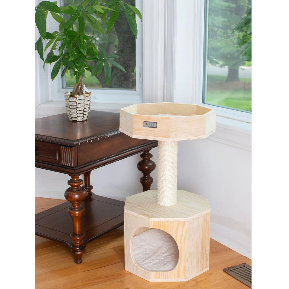 Premium Scots Pine 29-Inch Real Wood Cat Tree With Perch And Condo - Image 4