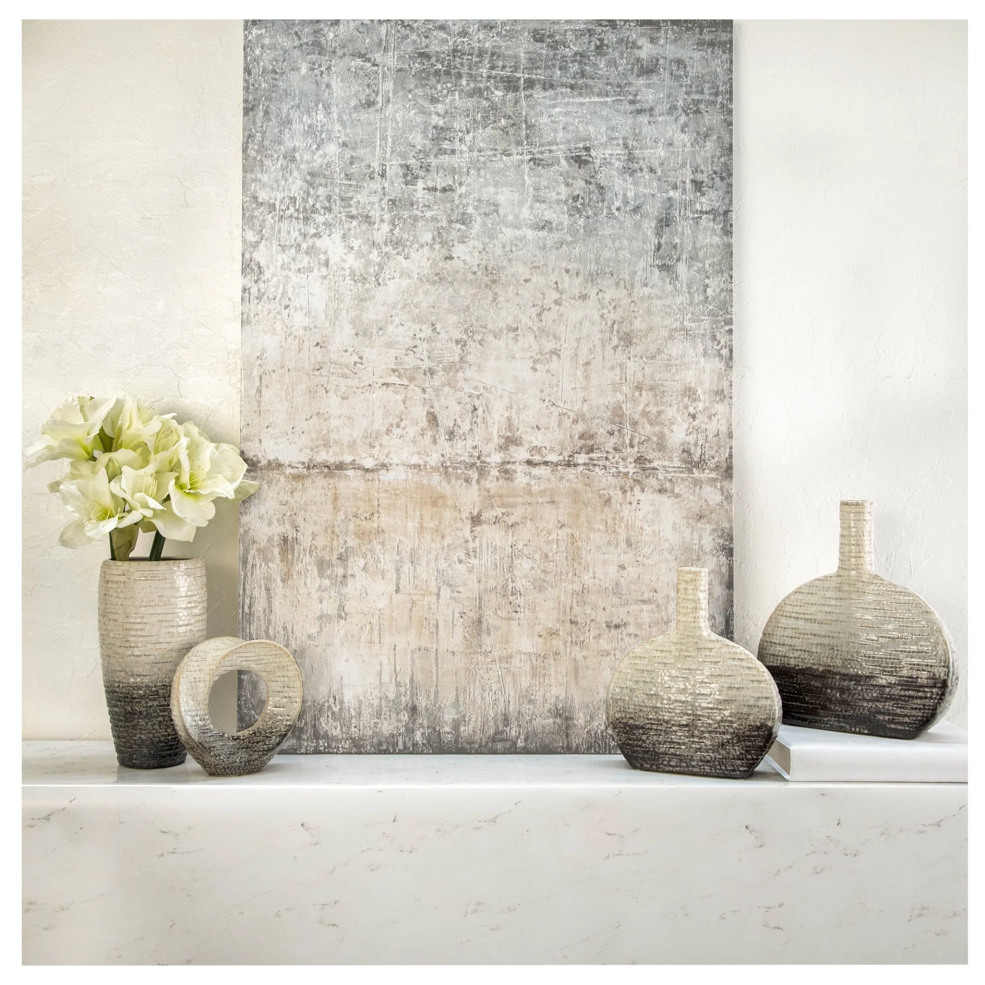 Sagebrook Home Contemporary 12" Textured Oval 2-Tone Ceramic Vase - Ivory/Beige - Image 2