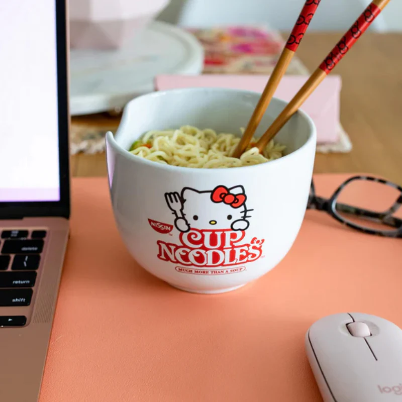 Sanrio Hello Kitty Cup Noodles 20 oz Ceramic Ramen Bowl with Chopsticks - White - Image 5