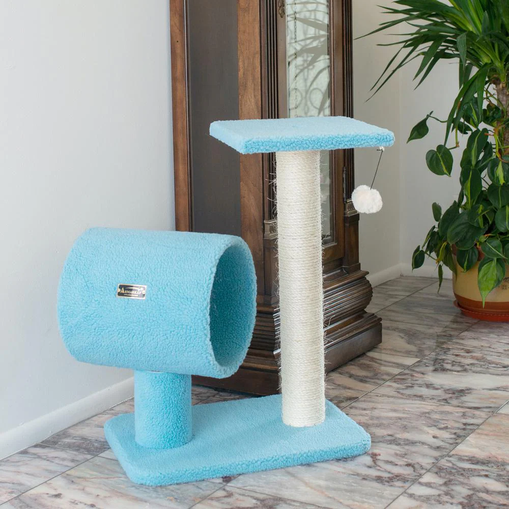 Sky Blue 25" Real Wood Cat Tree With Scratcher And Tunnel For Privacy And Hiding - Image 10