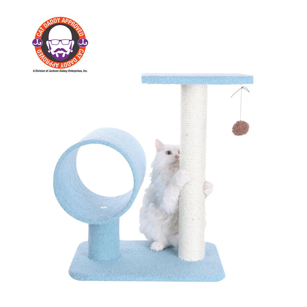 Sky Blue 25" Real Wood Cat Tree With Scratcher And Tunnel For Privacy And Hiding - Image 8