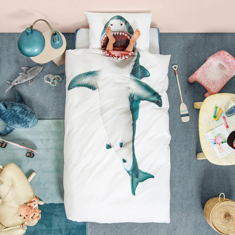 Snurk Twin Size 2-Piece Shark Duvet Cover Set - White/Blue - Image 3