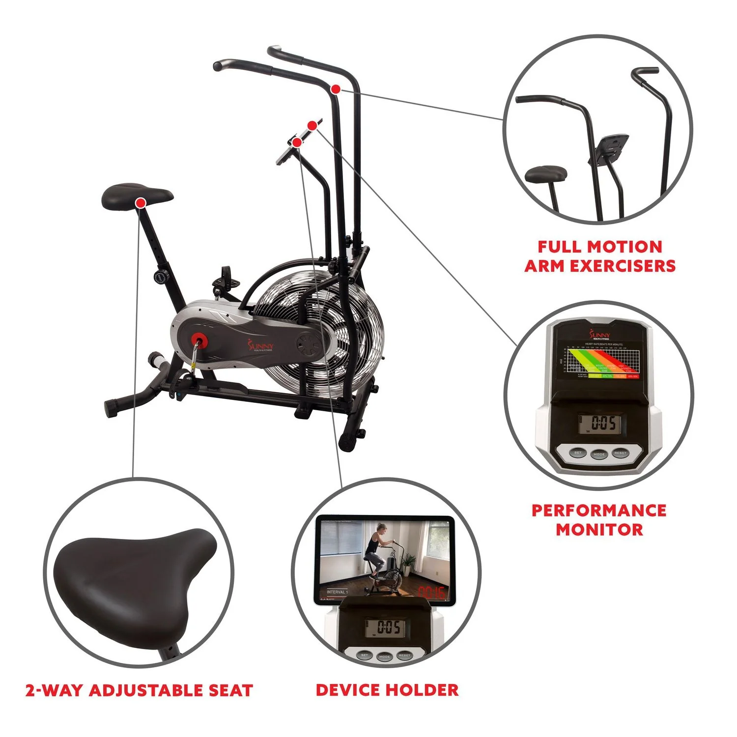 Sunny Health & Fitness Air Resistance Fan Exercise Bike - Black - Image 2