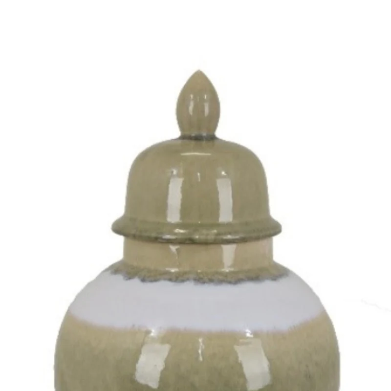 Three Hands 20.25" Ginger Vase with Lid - Beige/Olive Green - Image 2
