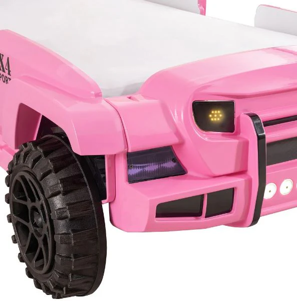 Twin Faux Leather Upholstered Off-Road SUV Bed with Light and Sound Functions - Pink - Image 5