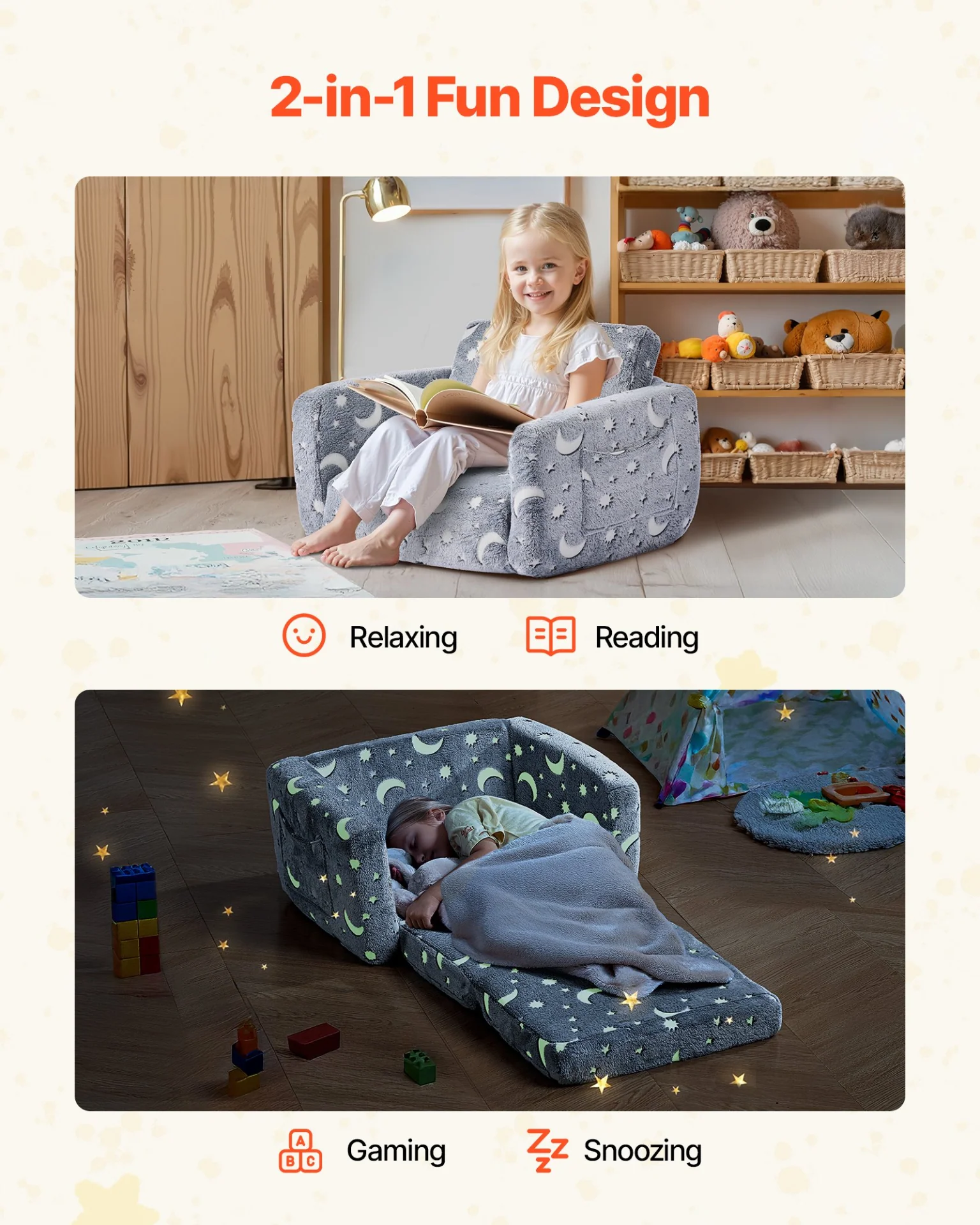 VEVOR 2-in-1 Kids Sofa, Foldable Toddler Soft Couch with Armrests, Glow in the Dark Kids Couch Fold Out with 28D Sponge & Flannel, Convertible Toddler Chair to Lounger for Reading and Gaming, M, Gray