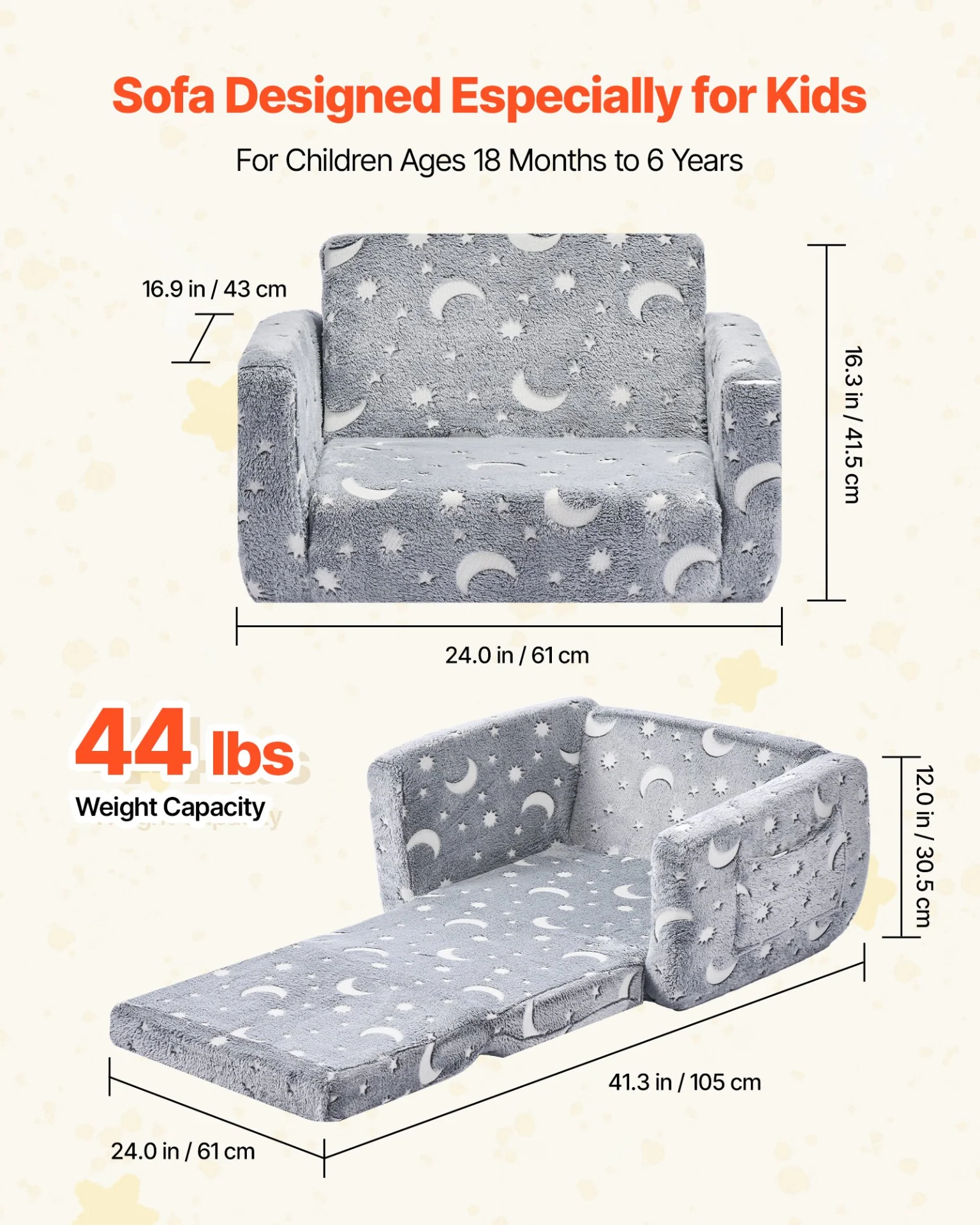 VEVOR 2-in-1 Kids Sofa, Foldable Toddler Soft Couch with Armrests, Glow in the Dark Kids Couch Fold Out with 28D Sponge & Flannel, Convertible Toddler Chair to Lounger for Reading and Gaming, M, Gray - Image 2