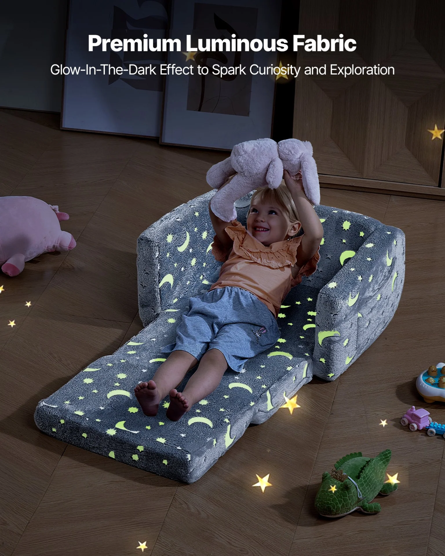 VEVOR 2-in-1 Kids Sofa, Foldable Toddler Soft Couch with Armrests, Glow in the Dark Kids Couch Fold Out with 28D Sponge & Flannel, Convertible Toddler Chair to Lounger for Reading and Gaming, M, Gray - Image 3