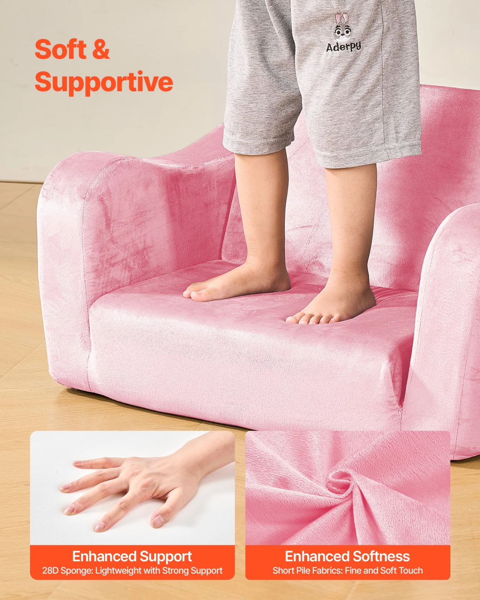 VEVOR 2-in-1 Kids Sofa, Foldable Toddler Soft Couch with Armrests, Made of 28D Sponge & Short Pile, Convertible Toddler Chair to Lounger, Kid Couch Fold Out for Fun Playtime or Comfy Lounging, M, Pink - Image 4