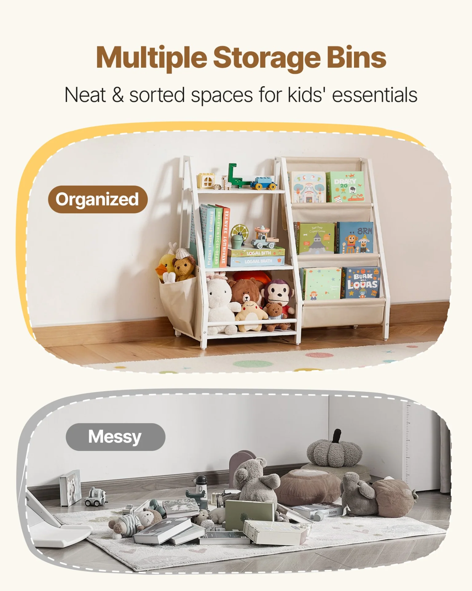 VEVOR 3-Tier Kids Bookshelf, Toy Storage Organizer for Toddler, Book Shelf for Kids Rooms with Sling Book Rack and Storage Bag, Kids Storage Book Shelves for Kids Room, Playroom, Kindergarten, Nursery - Image 2
