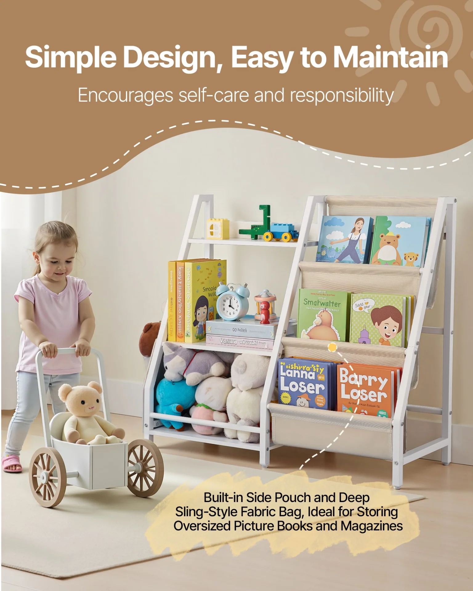 VEVOR 3-Tier Kids Bookshelf, Toy Storage Organizer for Toddler, Book Shelf for Kids Rooms with Sling Book Rack and Storage Bag, Kids Storage Book Shelves for Kids Room, Playroom, Kindergarten, Nursery - Image 3