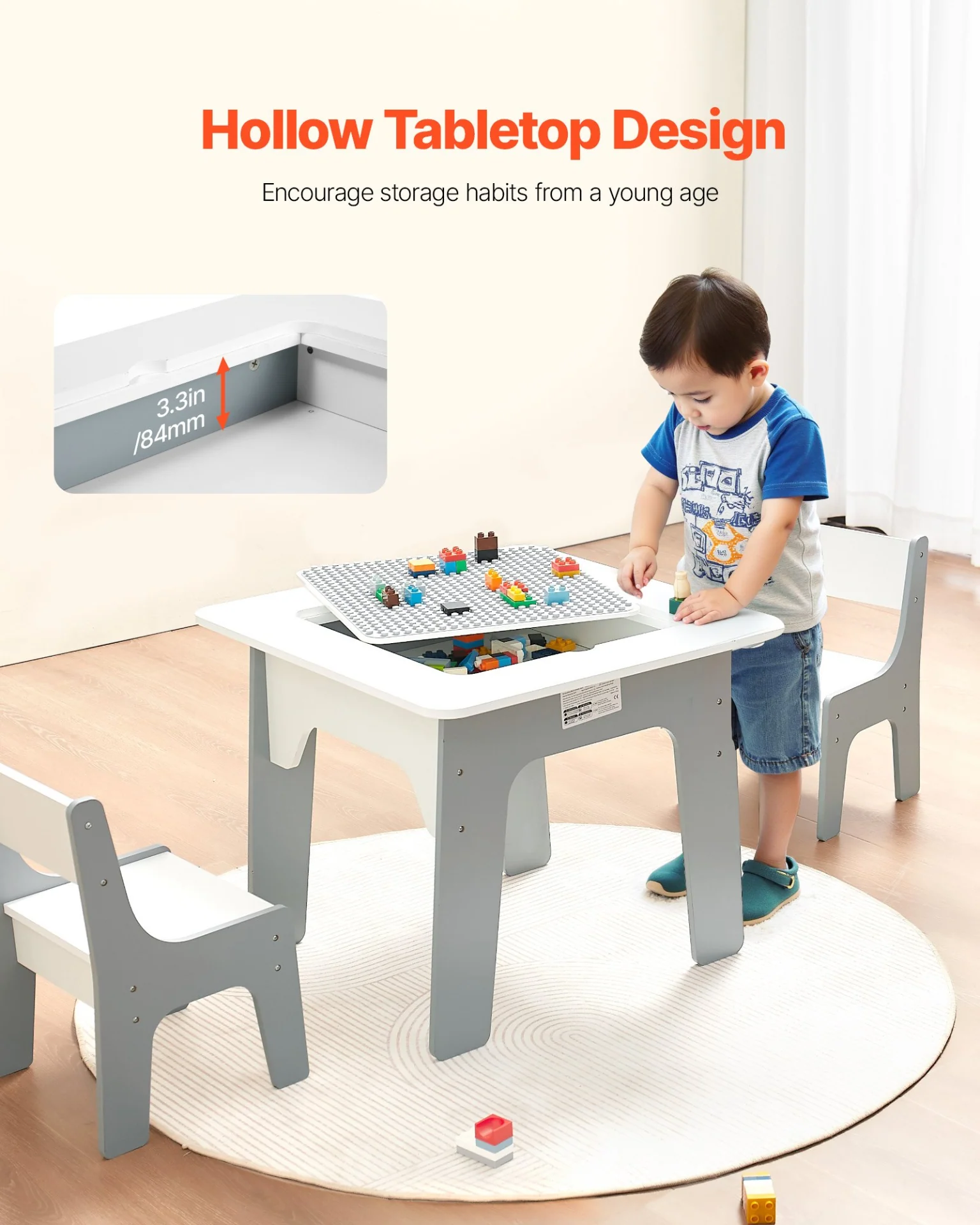 VEVOR 4 in 1 Kid Activity Table and 2 Chairs Set, Graffiti & Building Blocks Double-Sided Tabletop, Toddler Play Table with Storage for Kids 3+ Years, Large Storage Space, Gift for Boys & Girls, White - Image 3