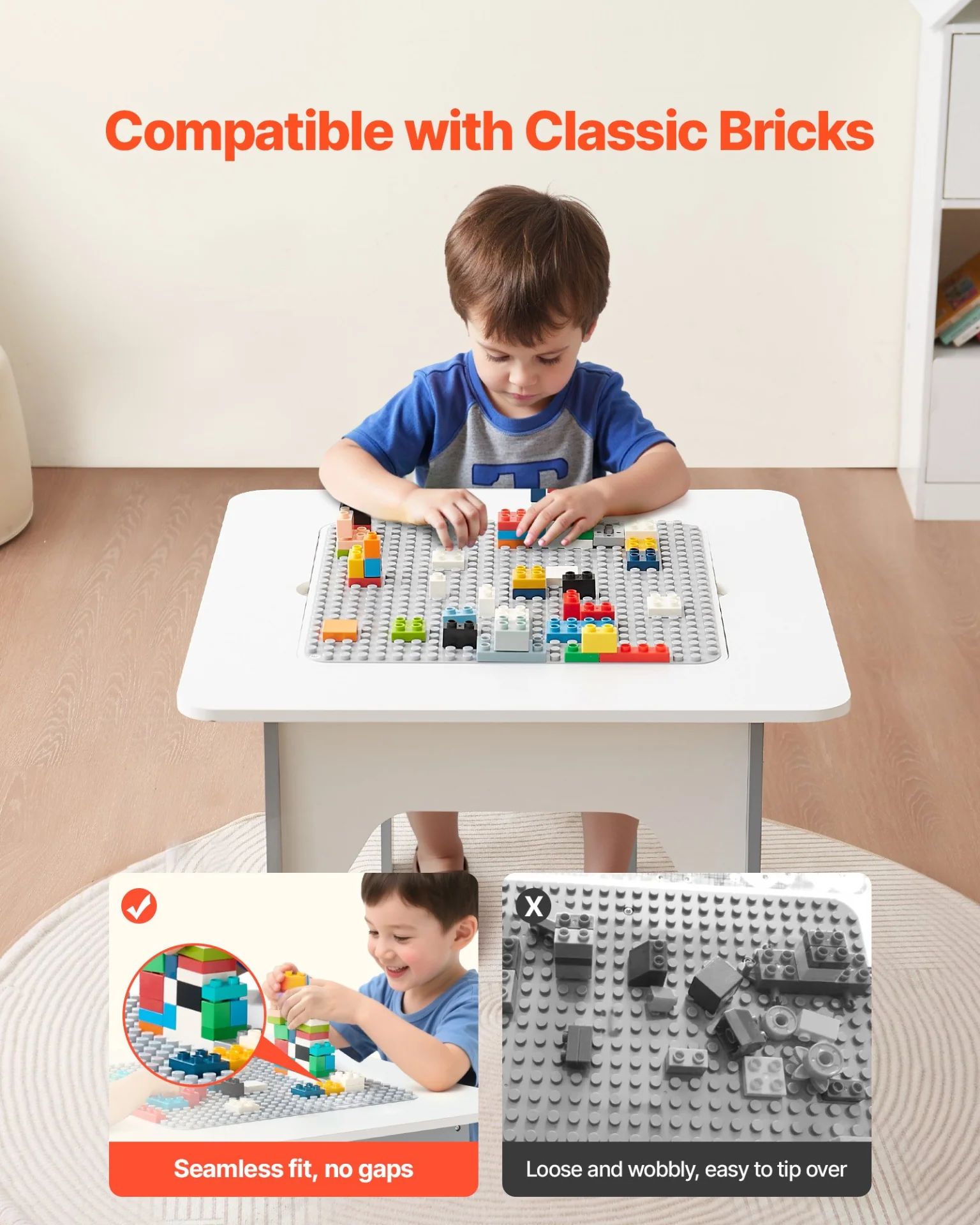 VEVOR 4 in 1 Kid Activity Table and 2 Chairs Set, Graffiti & Building Blocks Double-Sided Tabletop, Toddler Play Table with Storage for Kids 3+ Years, Large Storage Space, Gift for Boys & Girls, White - Image 4