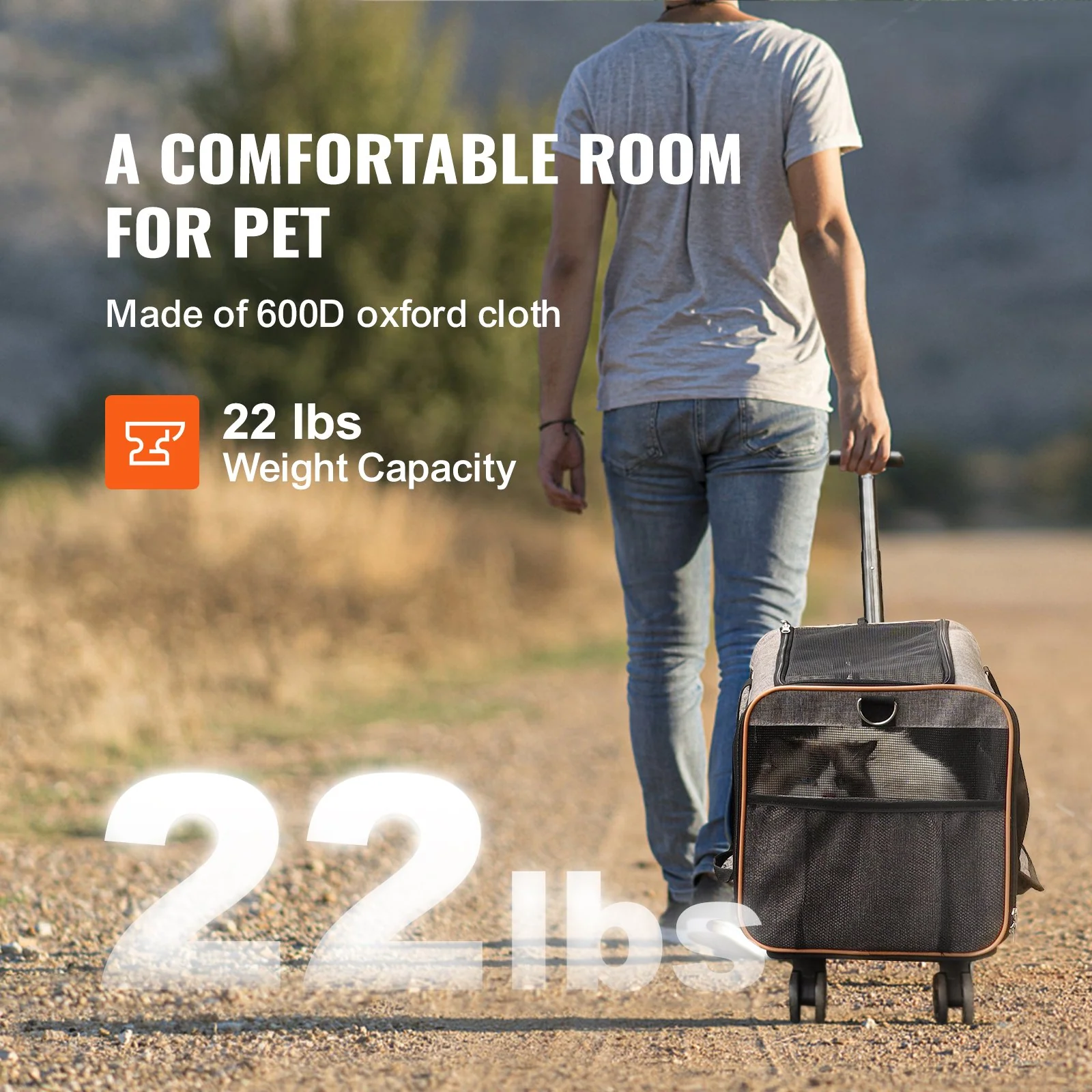 VEVOR Cat Carrier with Wheels, Airline Approved Rolling Pet Carrier with Telescopic Handle and Shoulder Strap, Dog Carrier with Wheels for Pets under 22 lbs, with 1 Folding Bowl, Grey - Image 2