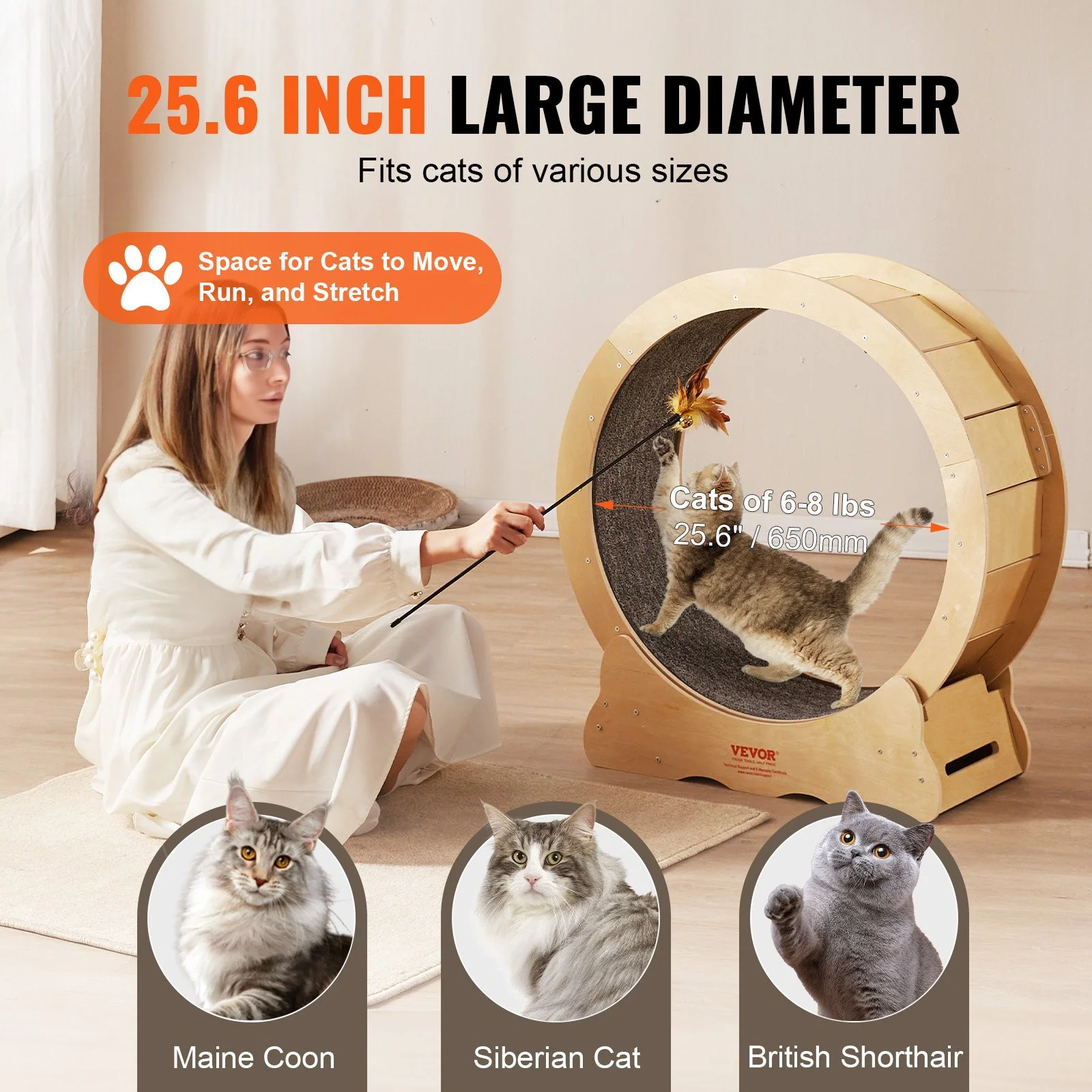 VEVOR Cat Exercise Wheel, Large Cat Treadmill Wheel for Indoor Cats, 29.5 inch Cat Running Wheel with Detachable Carpet and Cat Teaser for Running/Walking/Training, Suitable for Most Cats - Image 3