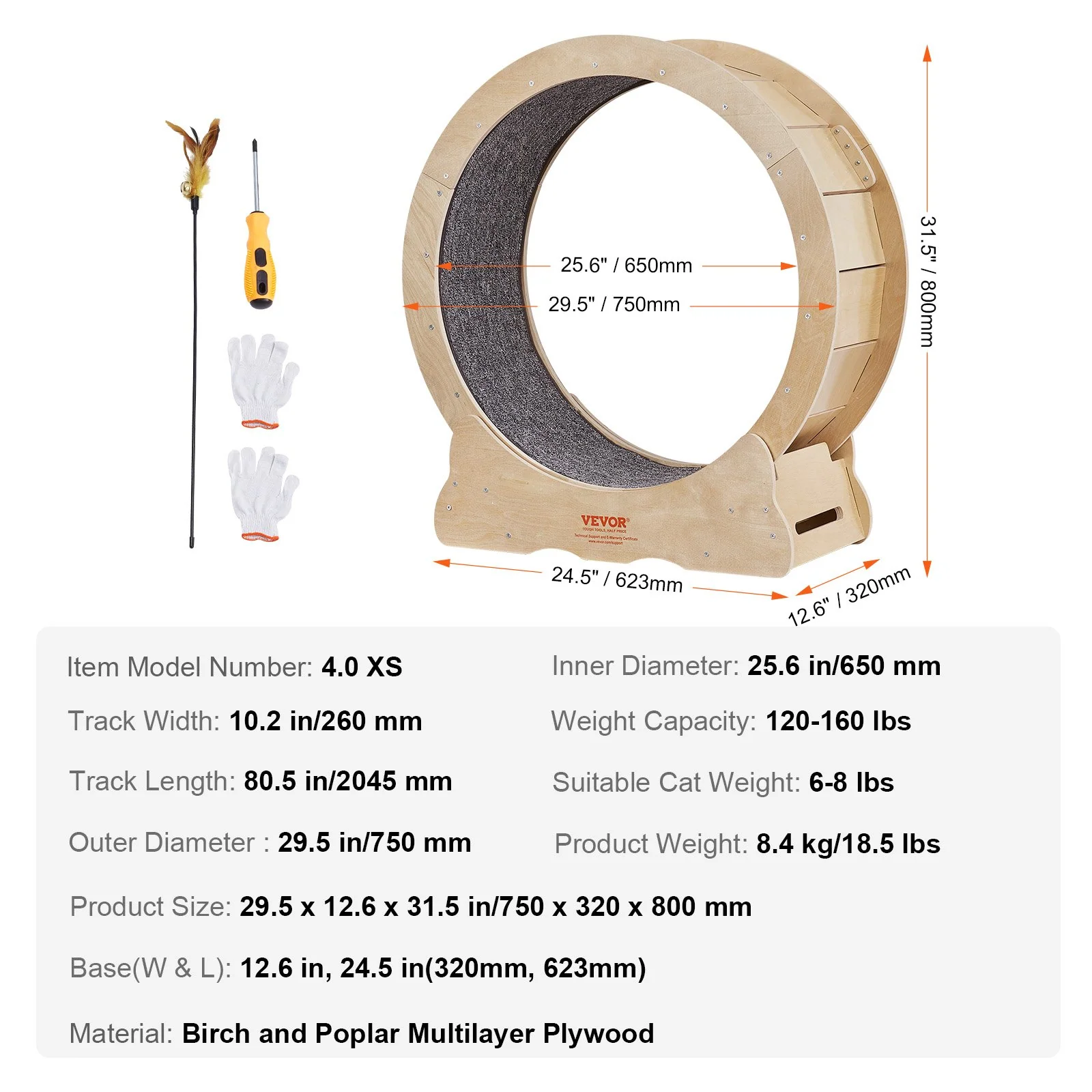 VEVOR Cat Exercise Wheel, Large Cat Treadmill Wheel for Indoor Cats, 29.5 inch Cat Running Wheel with Detachable Carpet and Cat Teaser for Running/Walking/Training, Suitable for Most Cats - Image 6
