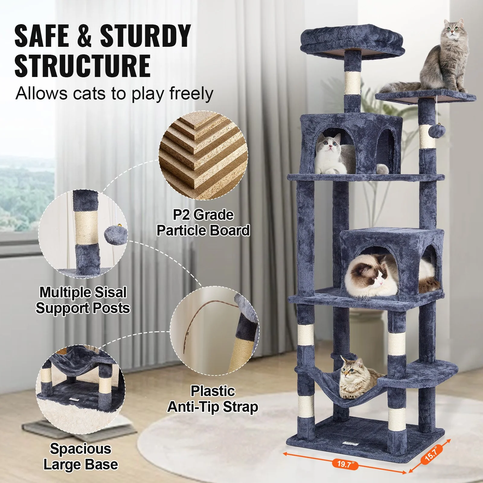 VEVOR Cat Tree 63" Cat Tower with 2 Cat Condos Sisal Scratching Post Light Grey - Image 5
