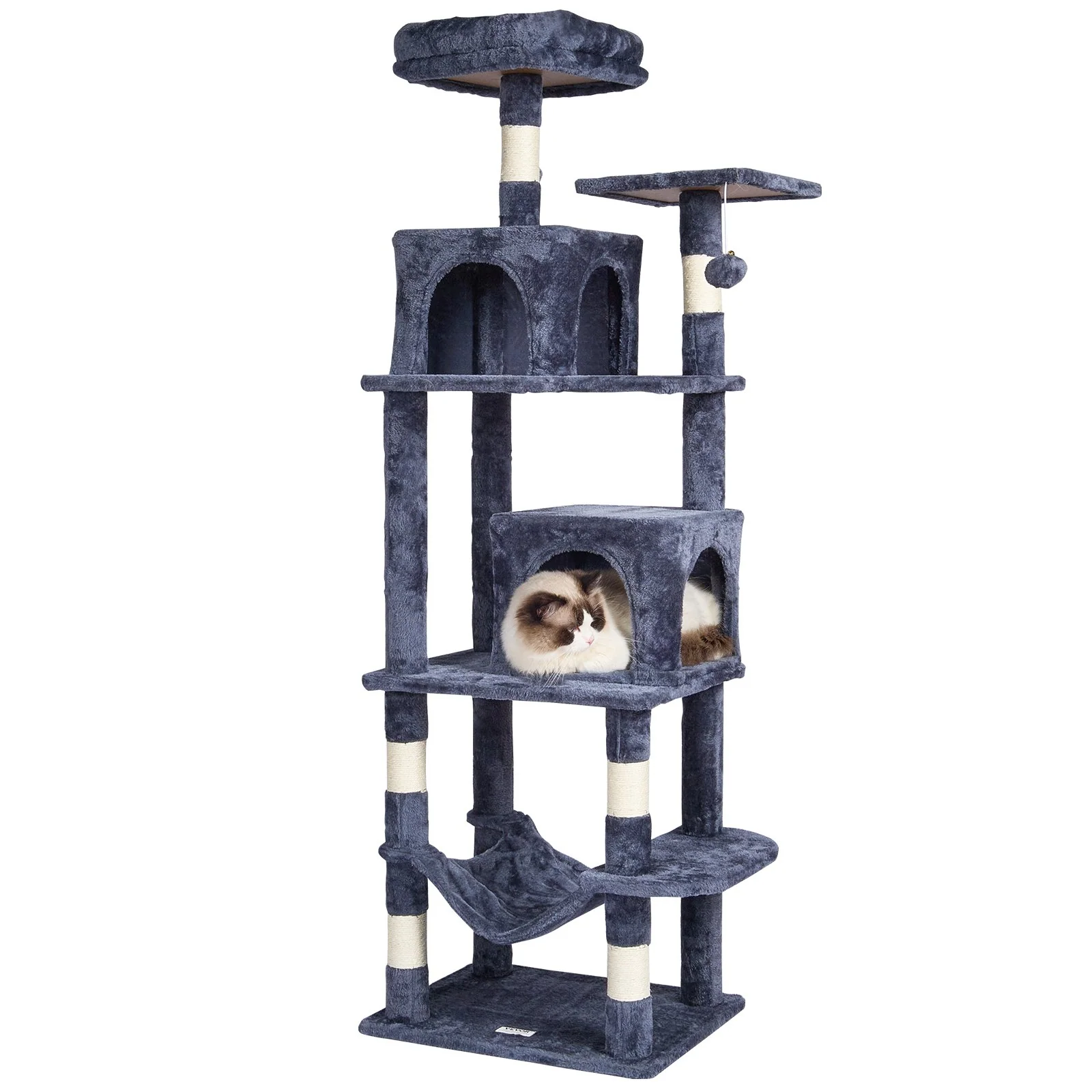 VEVOR Cat Tree 63" Cat Tower with 2 Cat Condos Sisal Scratching Post Light Grey - Image 9