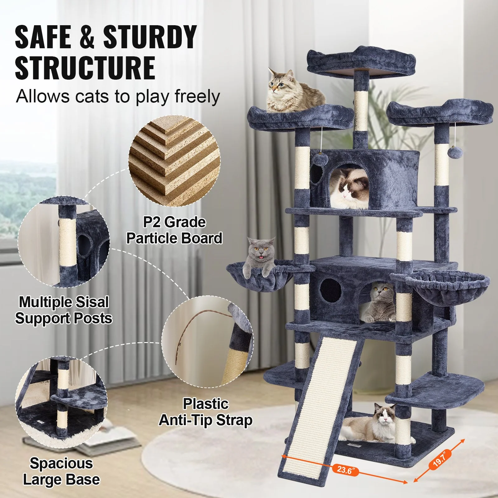 VEVOR Cat Tree 68.5" Cat Tower for Indoor Cats with Cat Condos Scratching Post - Image 5