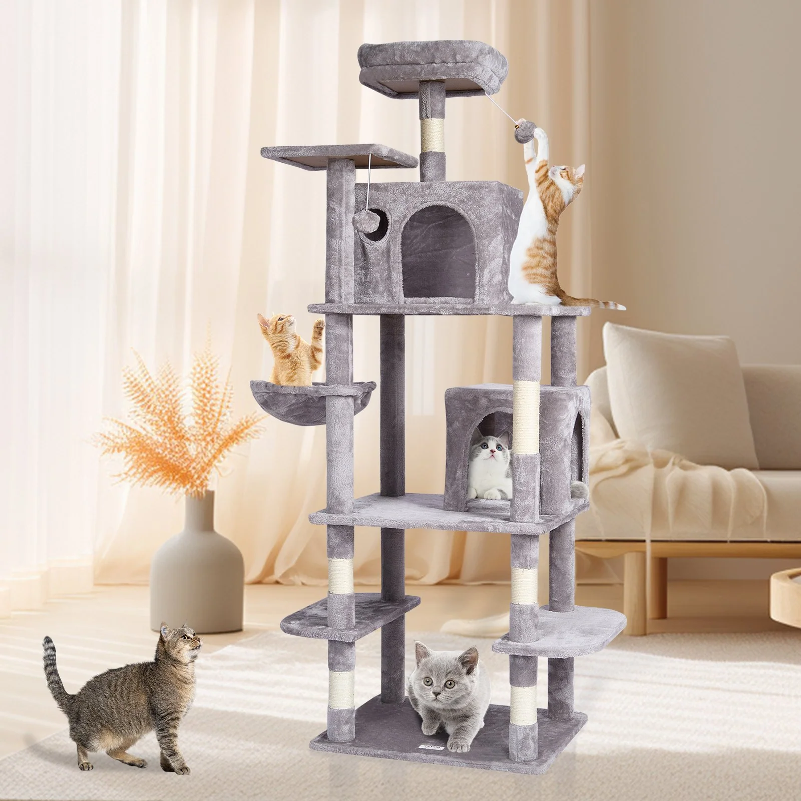 VEVOR Cat Tree 68.5" Cat Tower with Cat Condos Sisal Scratching Post Light Grey - Image 11