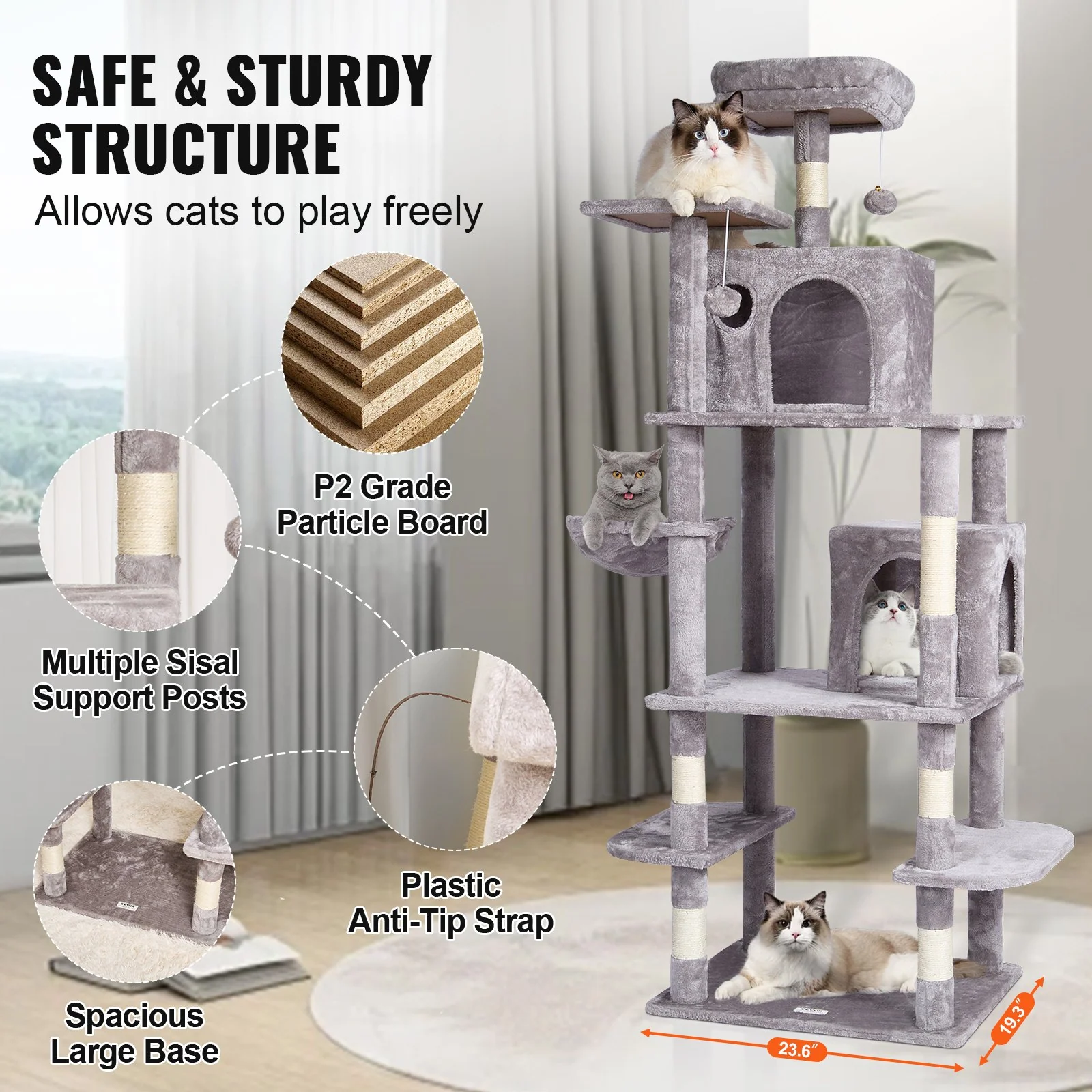VEVOR Cat Tree 68.5" Cat Tower with Cat Condos Sisal Scratching Post Light Grey - Image 5