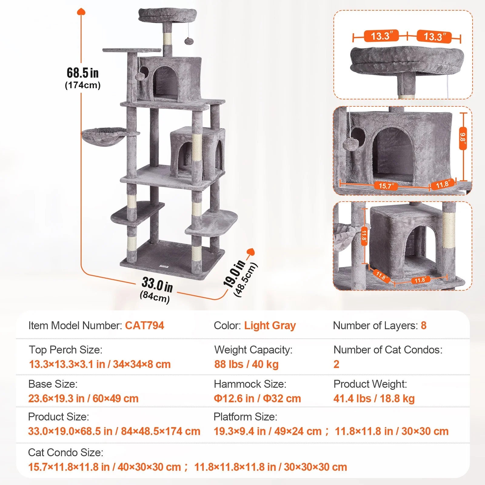 VEVOR Cat Tree 68.5" Cat Tower with Cat Condos Sisal Scratching Post Light Grey - Image 6