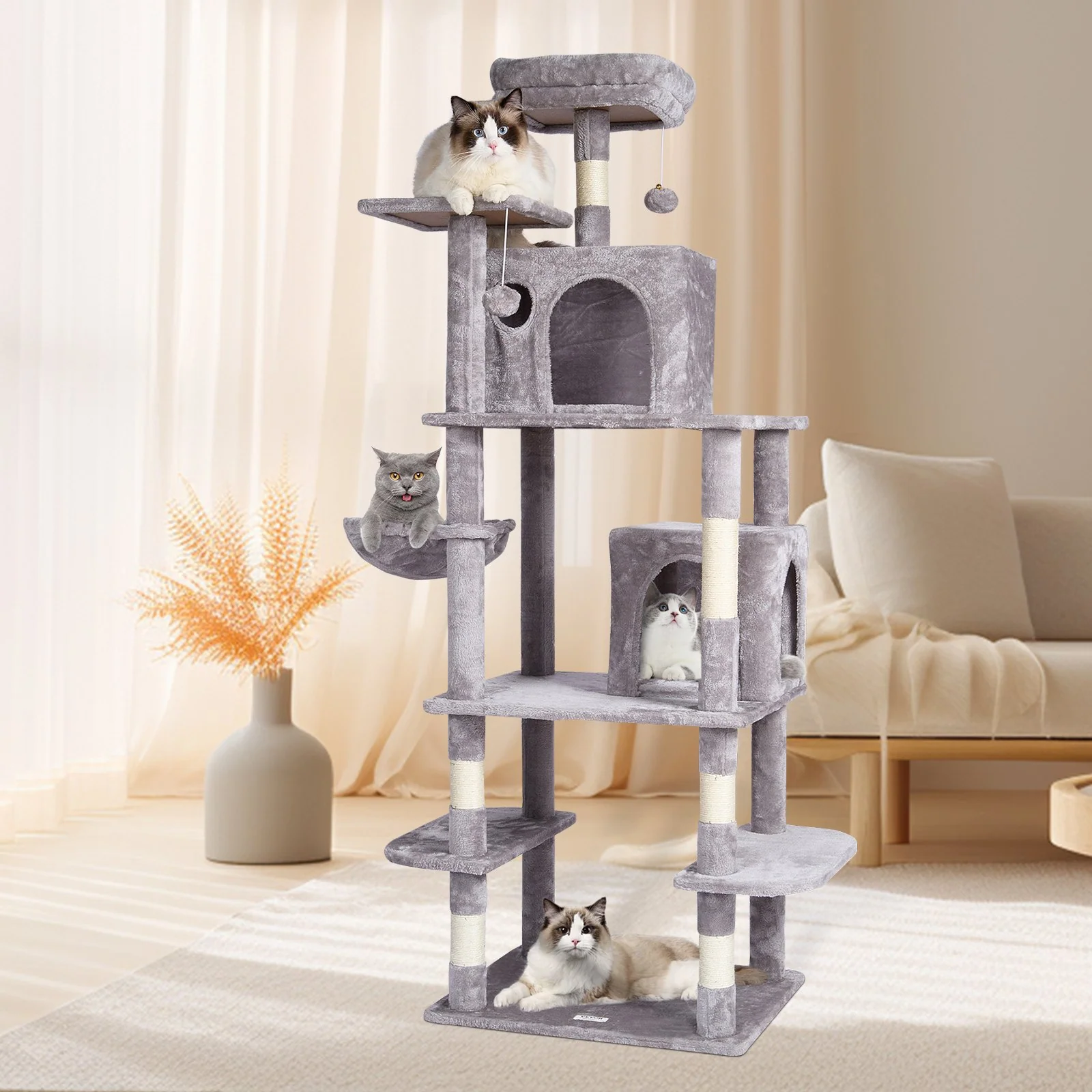 VEVOR Cat Tree 68.5" Cat Tower with Cat Condos Sisal Scratching Post Light Grey - Image 7