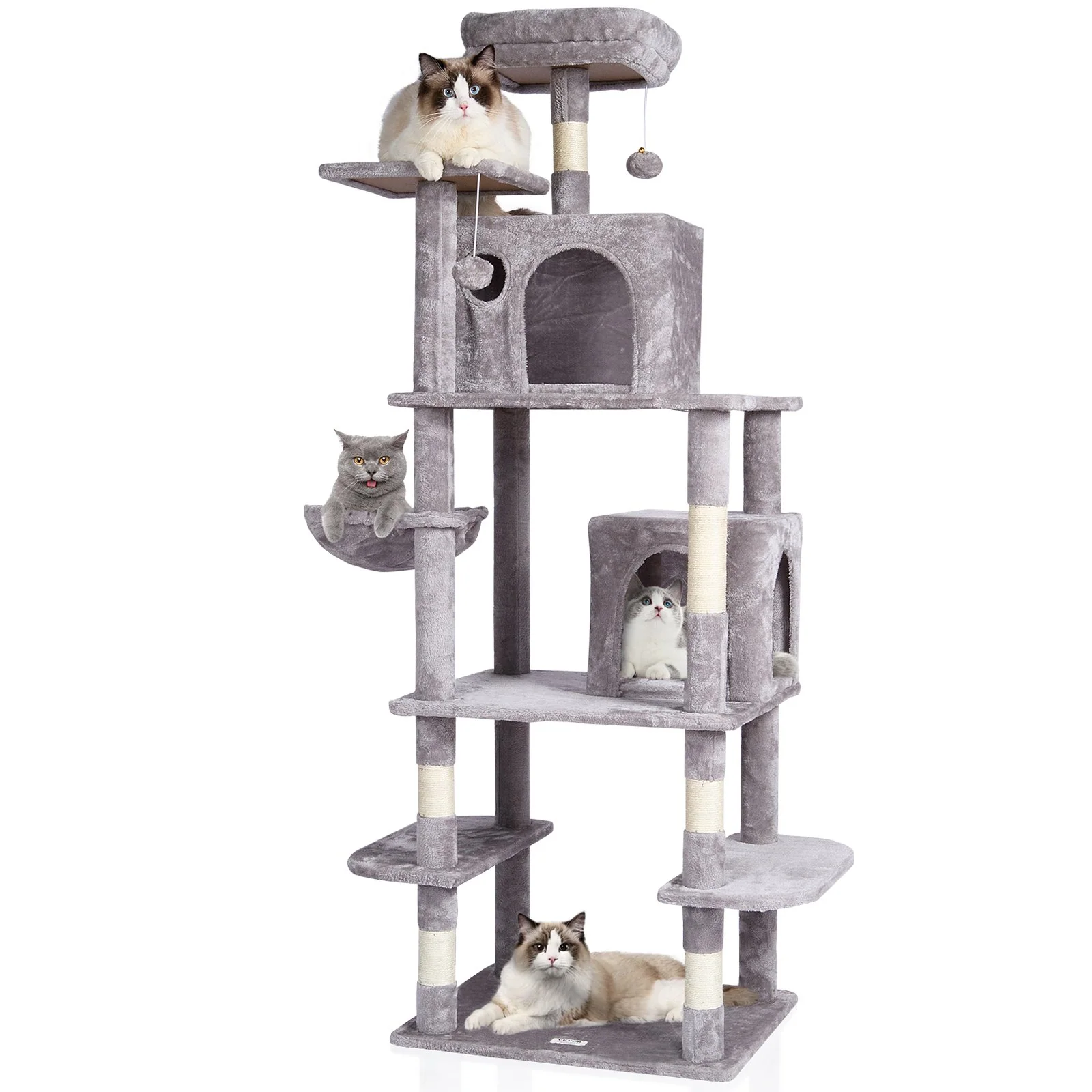 VEVOR Cat Tree 68.5" Cat Tower with Cat Condos Sisal Scratching Post Light Grey - Image 9