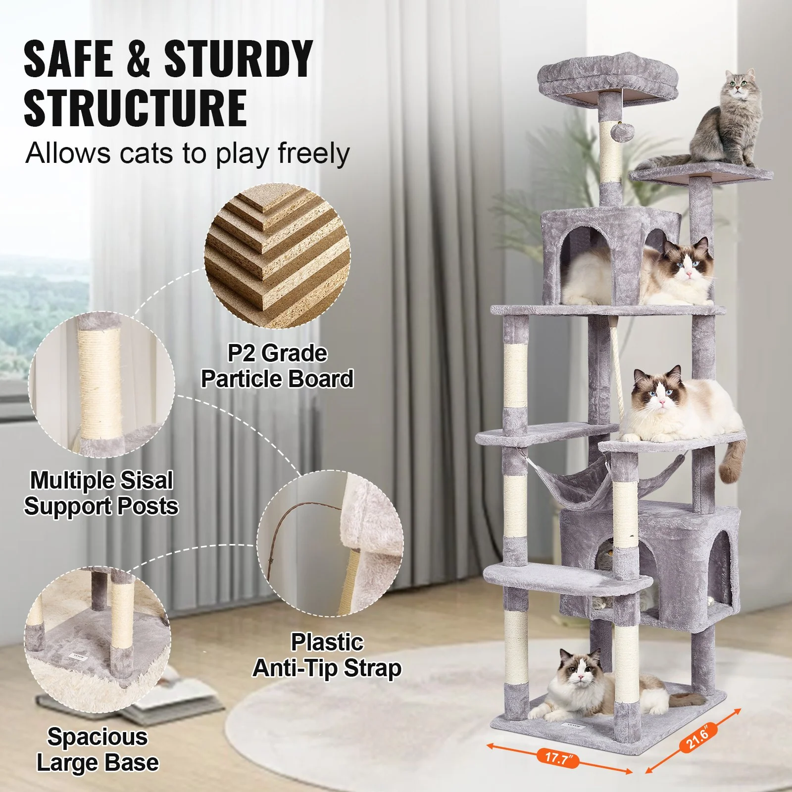 VEVOR Cat Tree 72" Cat Tower with 2 Cat Condos Sisal Scratching Post Light Grey - Image 5