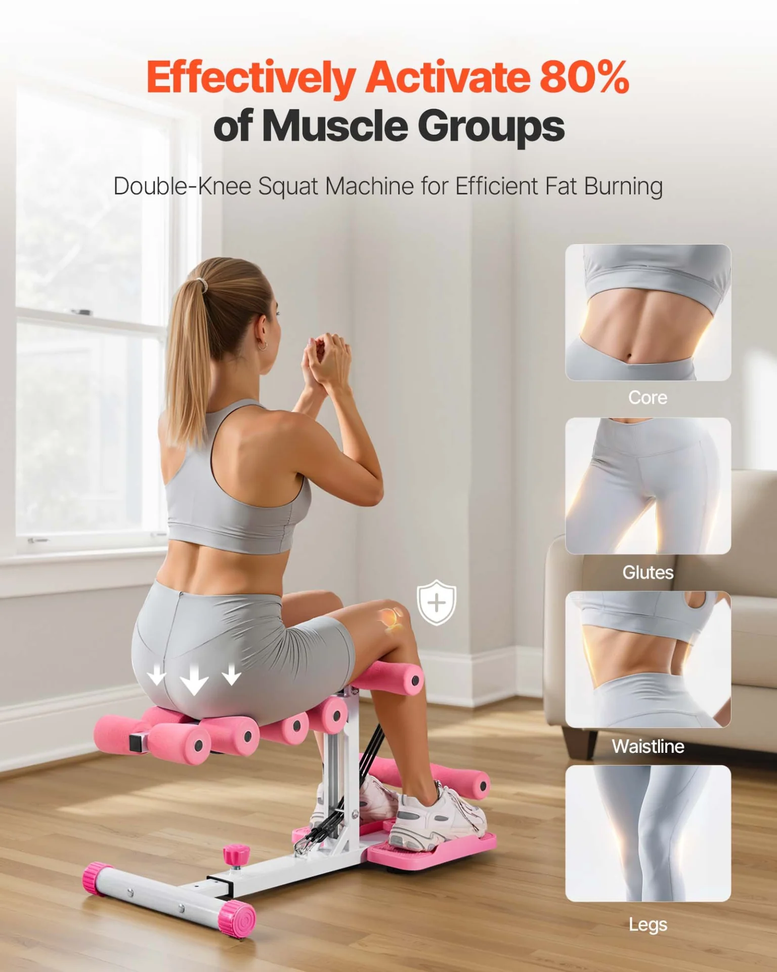 VEVOR Deep Squat Machine, Adjustable Glutes Trainer Machine with 3 High-Strength Resistance Bands, Folding Core Leg & Glutes Exercise Trainer, Push Up Workout Equipment at Home Gym, Pink + White