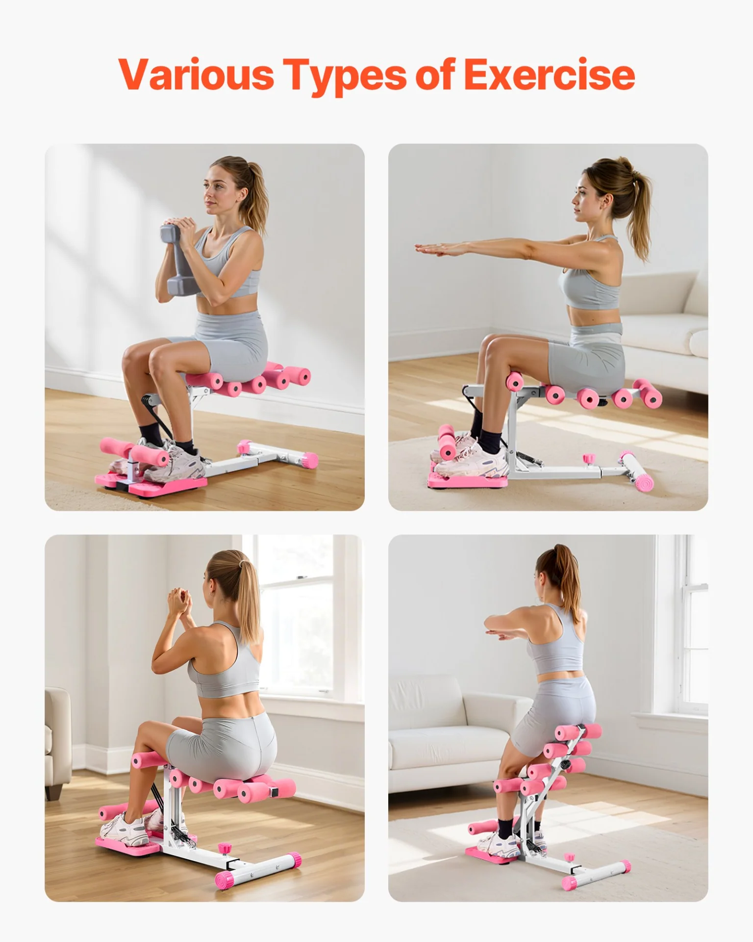 VEVOR Deep Squat Machine, Adjustable Glutes Trainer Machine with 3 High-Strength Resistance Bands, Folding Core Leg & Glutes Exercise Trainer, Push Up Workout Equipment at Home Gym, Pink + White - Image 11