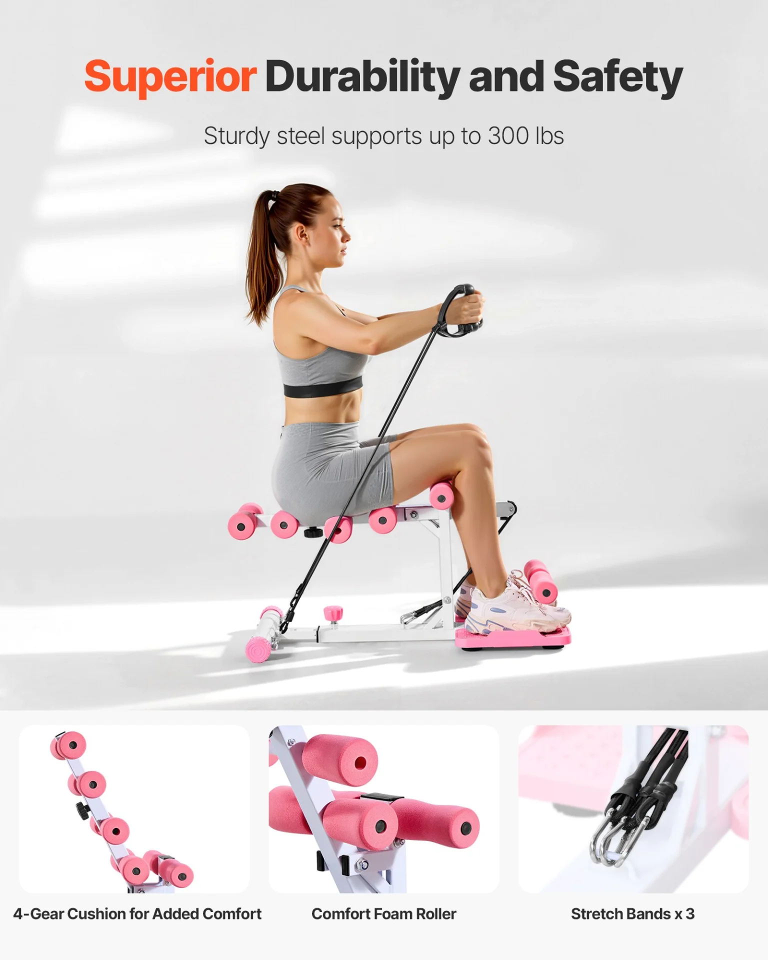 VEVOR Deep Squat Machine, Adjustable Glutes Trainer Machine with 3 High-Strength Resistance Bands, Folding Core Leg & Glutes Exercise Trainer, Push Up Workout Equipment at Home Gym, Pink + White - Image 2