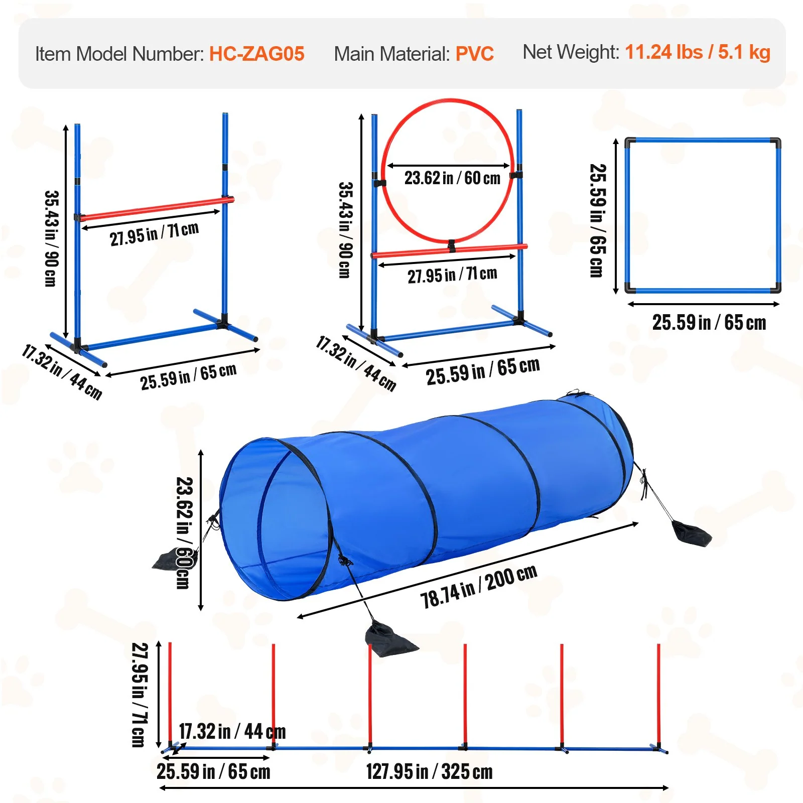 VEVOR Dog Agility Training Equipment 5 PCS Set with Hurdles Tunnel Jump Ring - Image 6