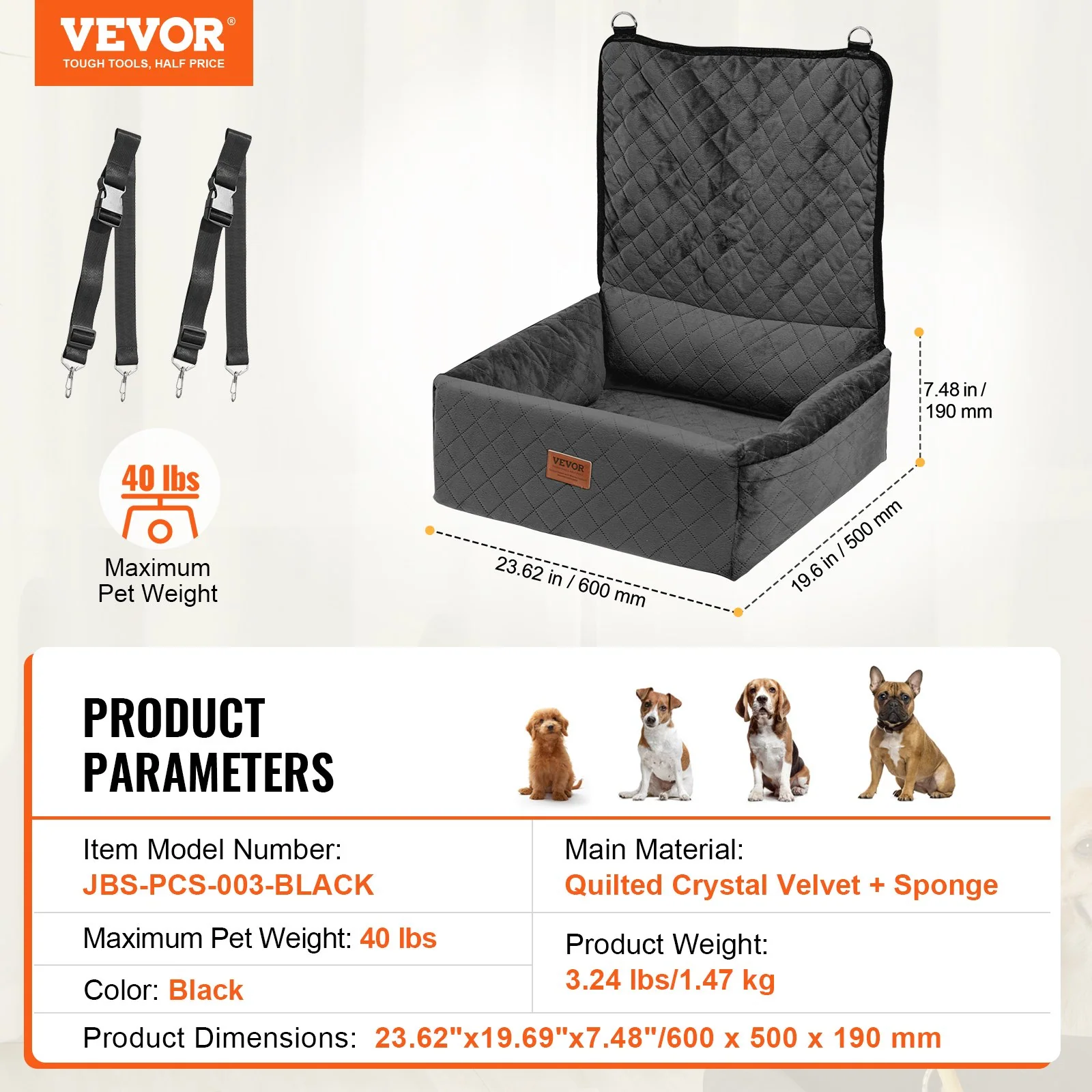 VEVOR Dog Booster Car Seat Pet Car Seat for Small Medium Dog up to 40 lbs Black - Image 11