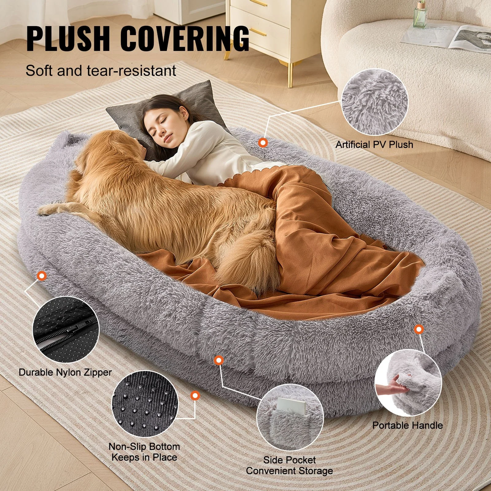 VEVOR Human Dog Bed 72x48x10in Large Human Size Dog Bean Bed Washable PV Velvet - Image 2