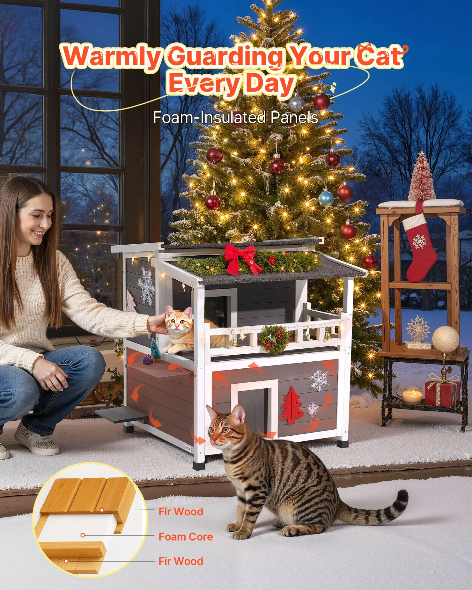 VEVOR Insulated Cat House 2-Story Outdoor Wooden Feral Cat Shelter with Balcony