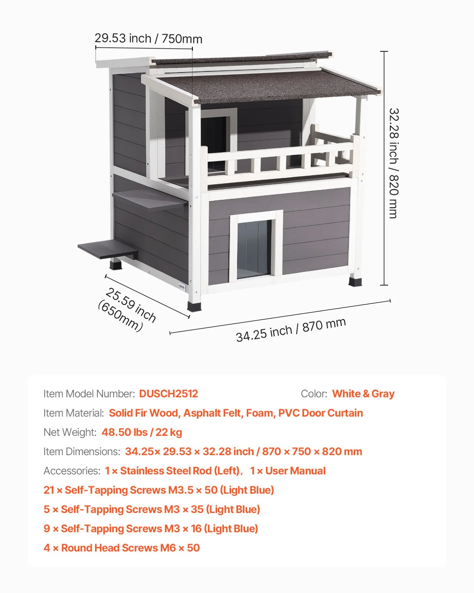 VEVOR Insulated Cat House 2-Story Outdoor Wooden Feral Cat Shelter with Balcony - Image 6