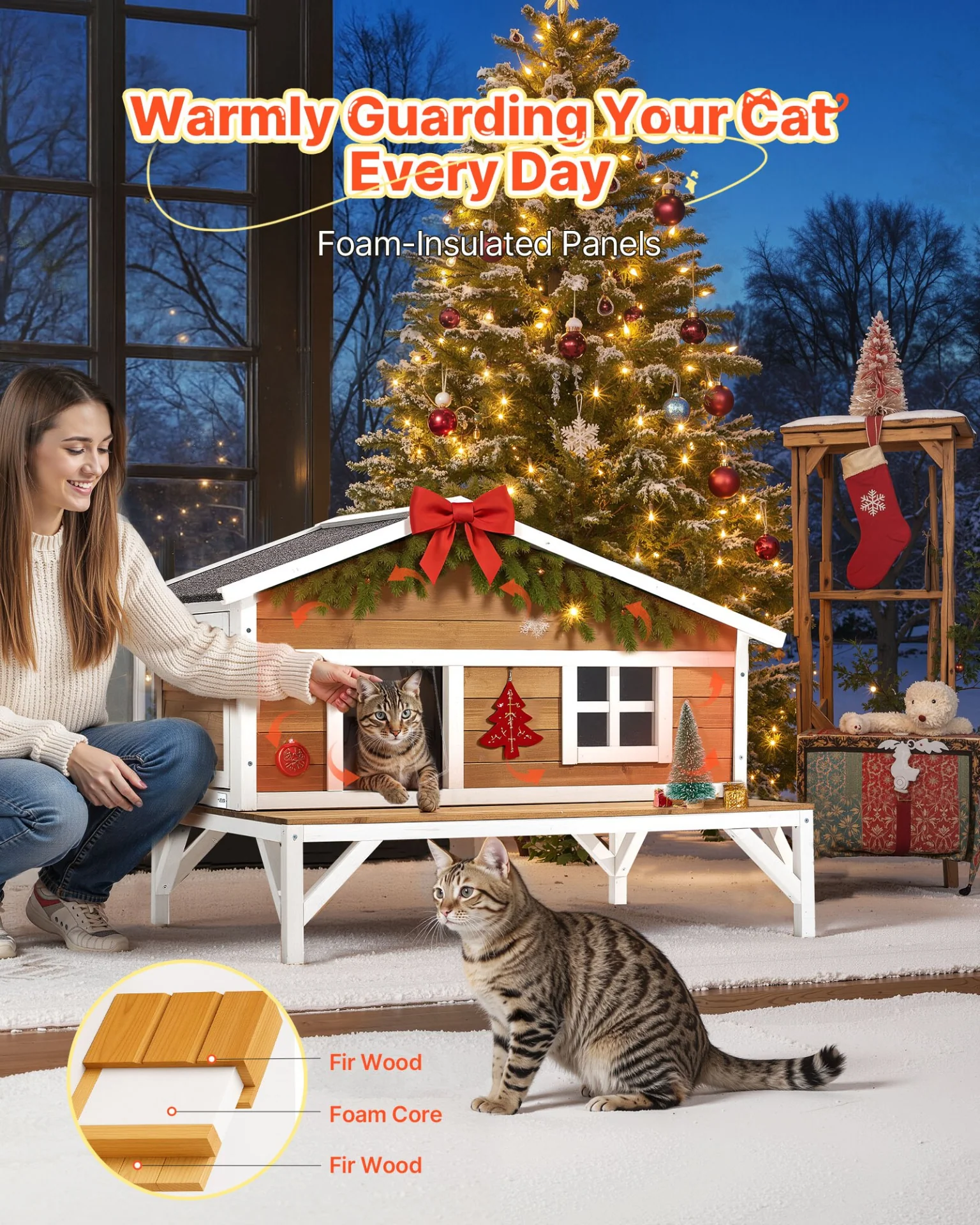 VEVOR Insulated Cat House Outdoor Waterproof Wooden Cat Shelter with Platform
