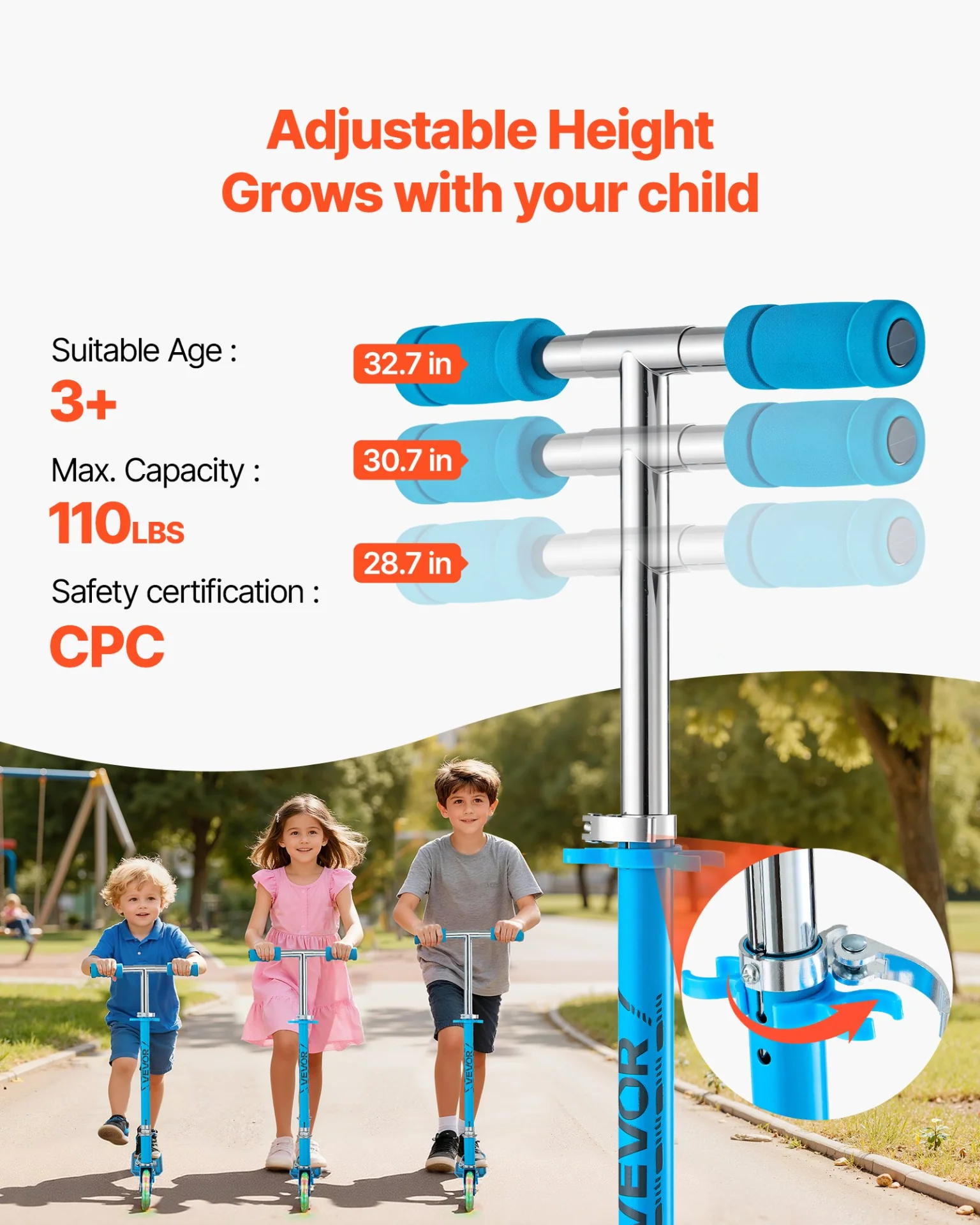 VEVOR Kick Scooter for Kids Ages 3+, 2-Wheel Toddler Scooter with Light-Up Wheels, Adjustable Height Handlebar, Wide Anti-Slip Deck, Foldable Lightweight Frame for Boys & Girls up to 110 lbs, Blue