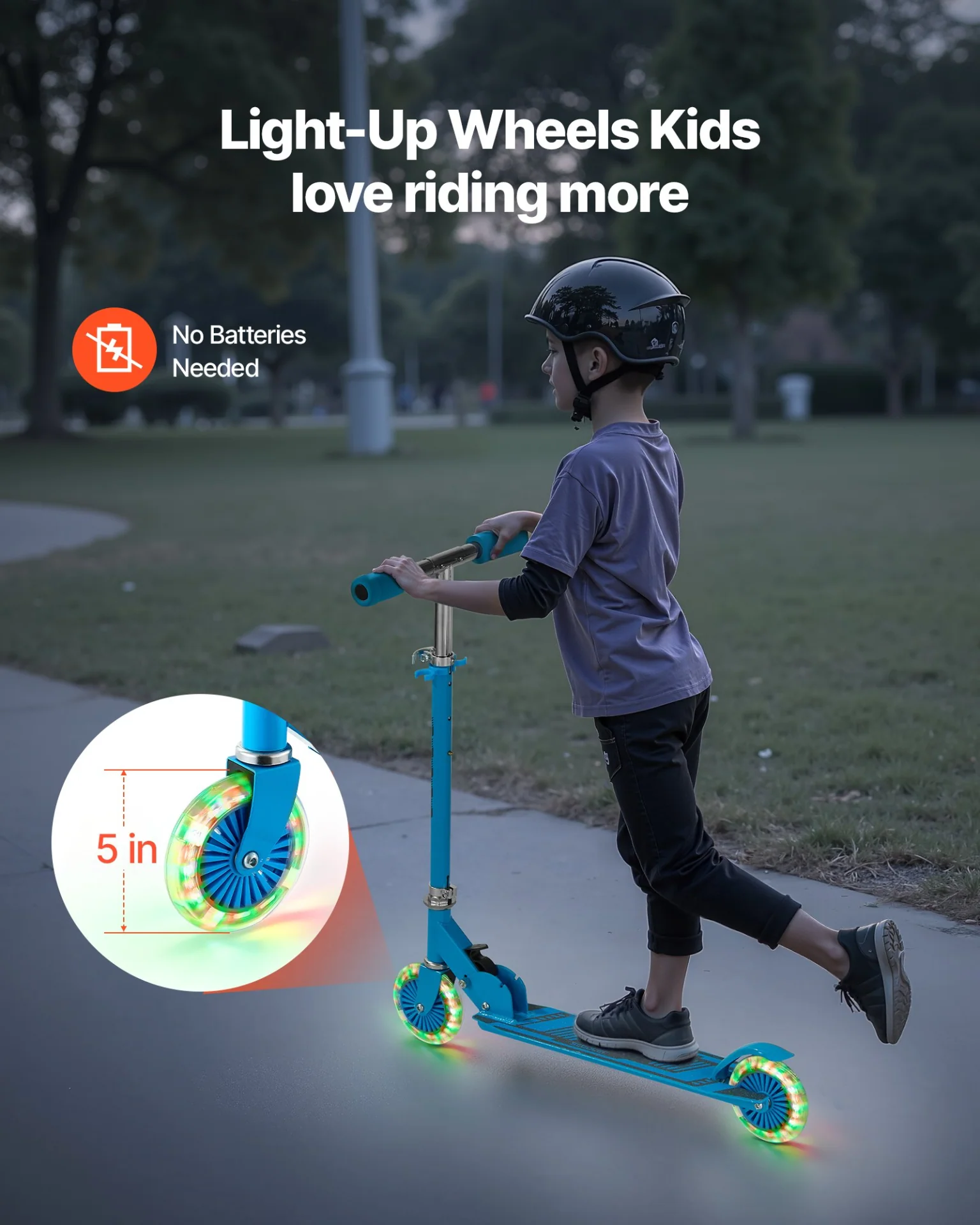 VEVOR Kick Scooter for Kids Ages 3+, 2-Wheel Toddler Scooter with Light-Up Wheels, Adjustable Height Handlebar, Wide Anti-Slip Deck, Foldable Lightweight Frame for Boys & Girls up to 110 lbs, Blue - Image 2