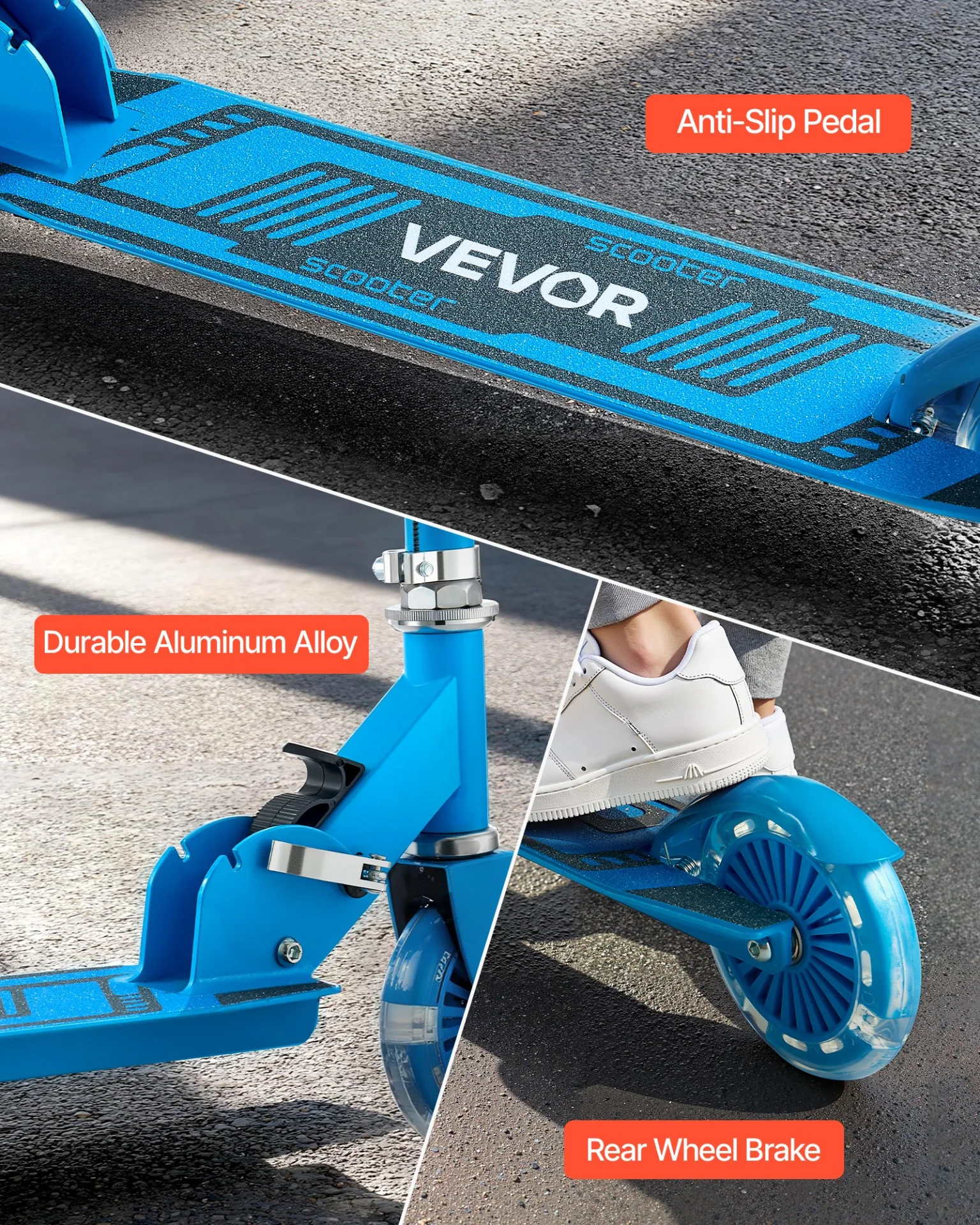 VEVOR Kick Scooter for Kids Ages 3+, 2-Wheel Toddler Scooter with Light-Up Wheels, Adjustable Height Handlebar, Wide Anti-Slip Deck, Foldable Lightweight Frame for Boys & Girls up to 110 lbs, Blue - Image 4