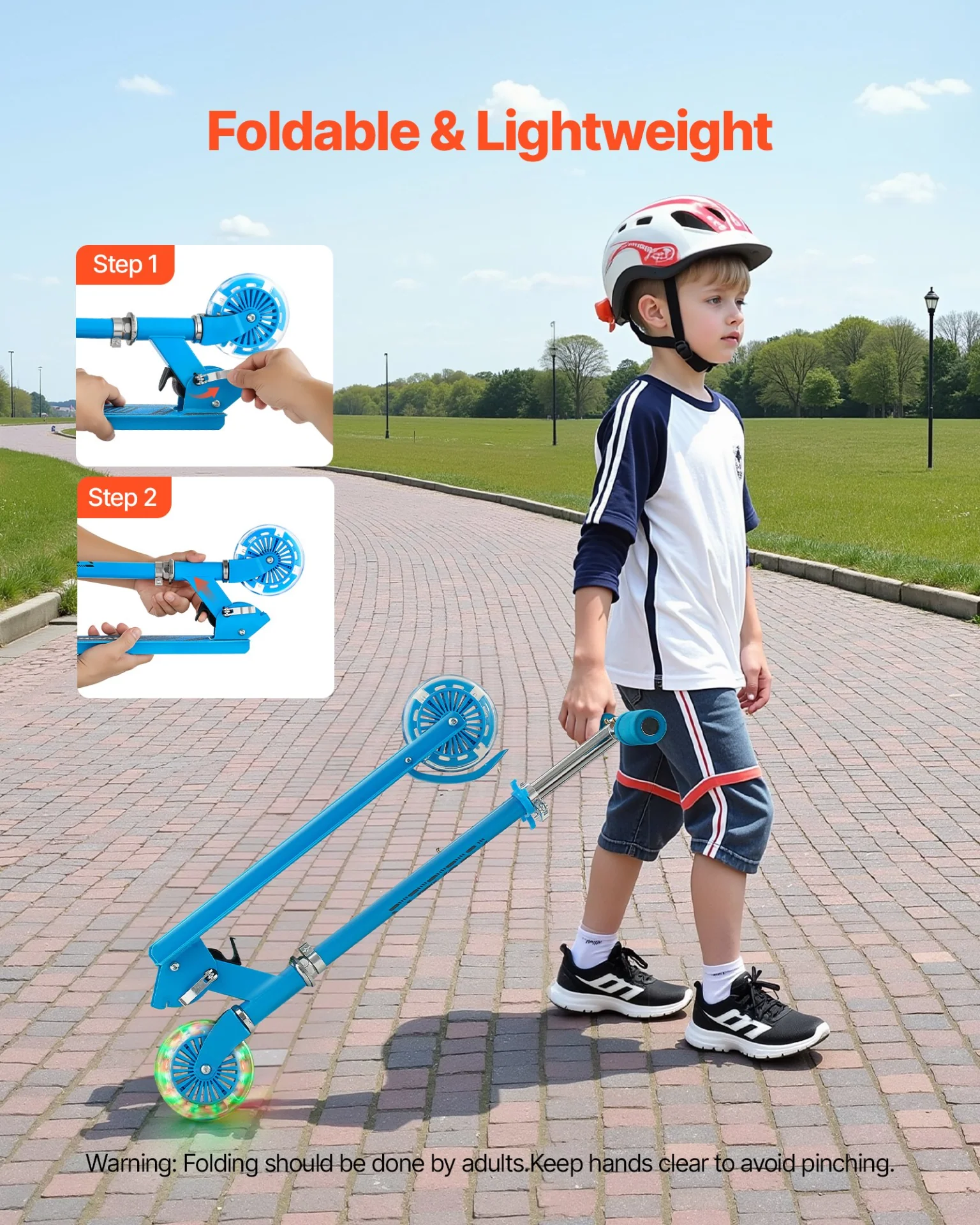 VEVOR Kick Scooter for Kids Ages 3+, 2-Wheel Toddler Scooter with Light-Up Wheels, Adjustable Height Handlebar, Wide Anti-Slip Deck, Foldable Lightweight Frame for Boys & Girls up to 110 lbs, Blue - Image 5